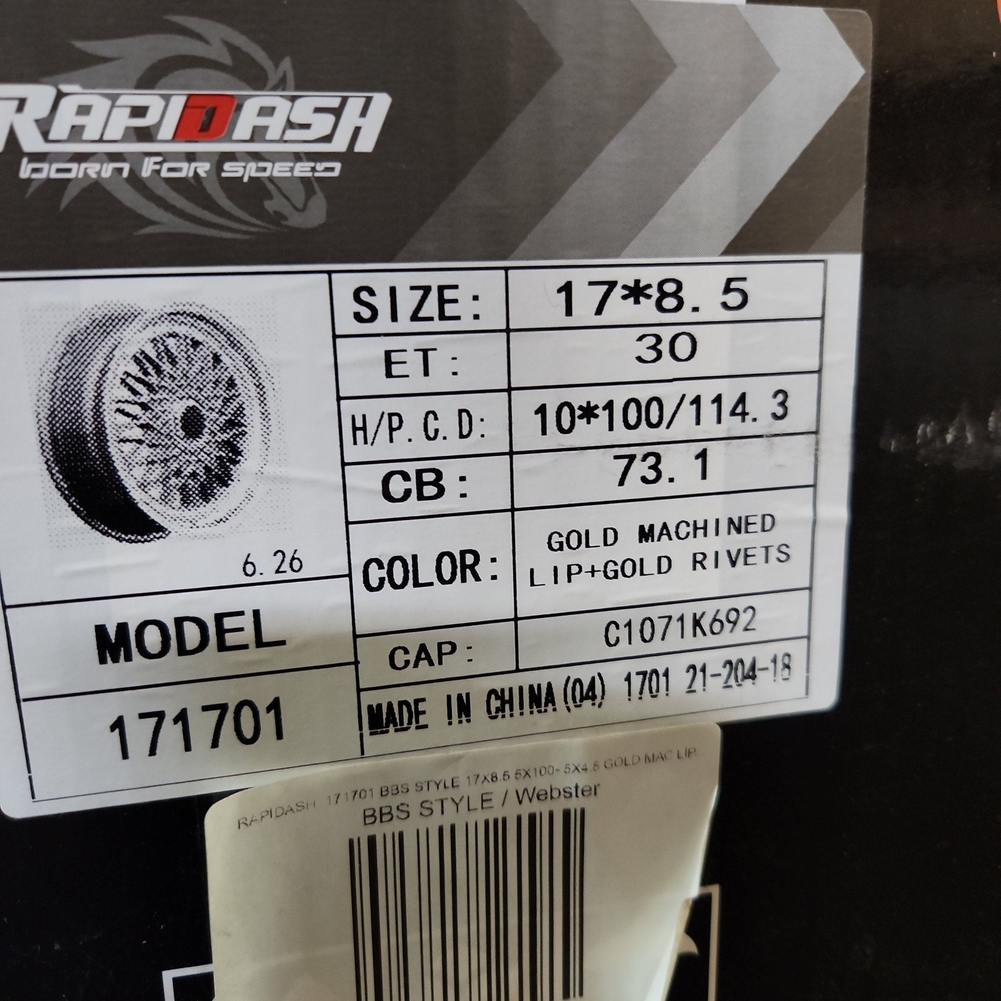 RAPIDASH 171701 17X8.5 5X100 - 5X4.5 GOLD MAC LIP, GOLD RIVETS - Gun Hill Tire House (WTW - WHOLESALE TIRES & WHEELS)