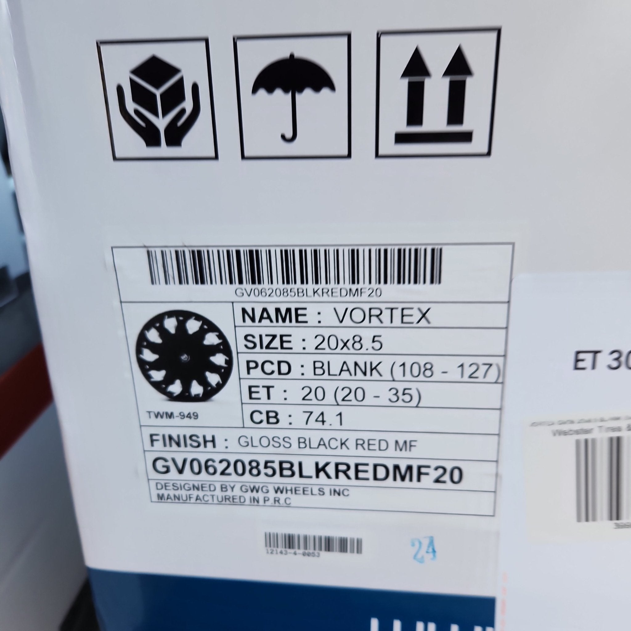 GWG VORTEX GV06 20x8.5 BLANK (5x108 - 5x127) GLOSS BLACK RED MF - Gun Hill Tire House (WTW - WHOLESALE TIRES & WHEELS)