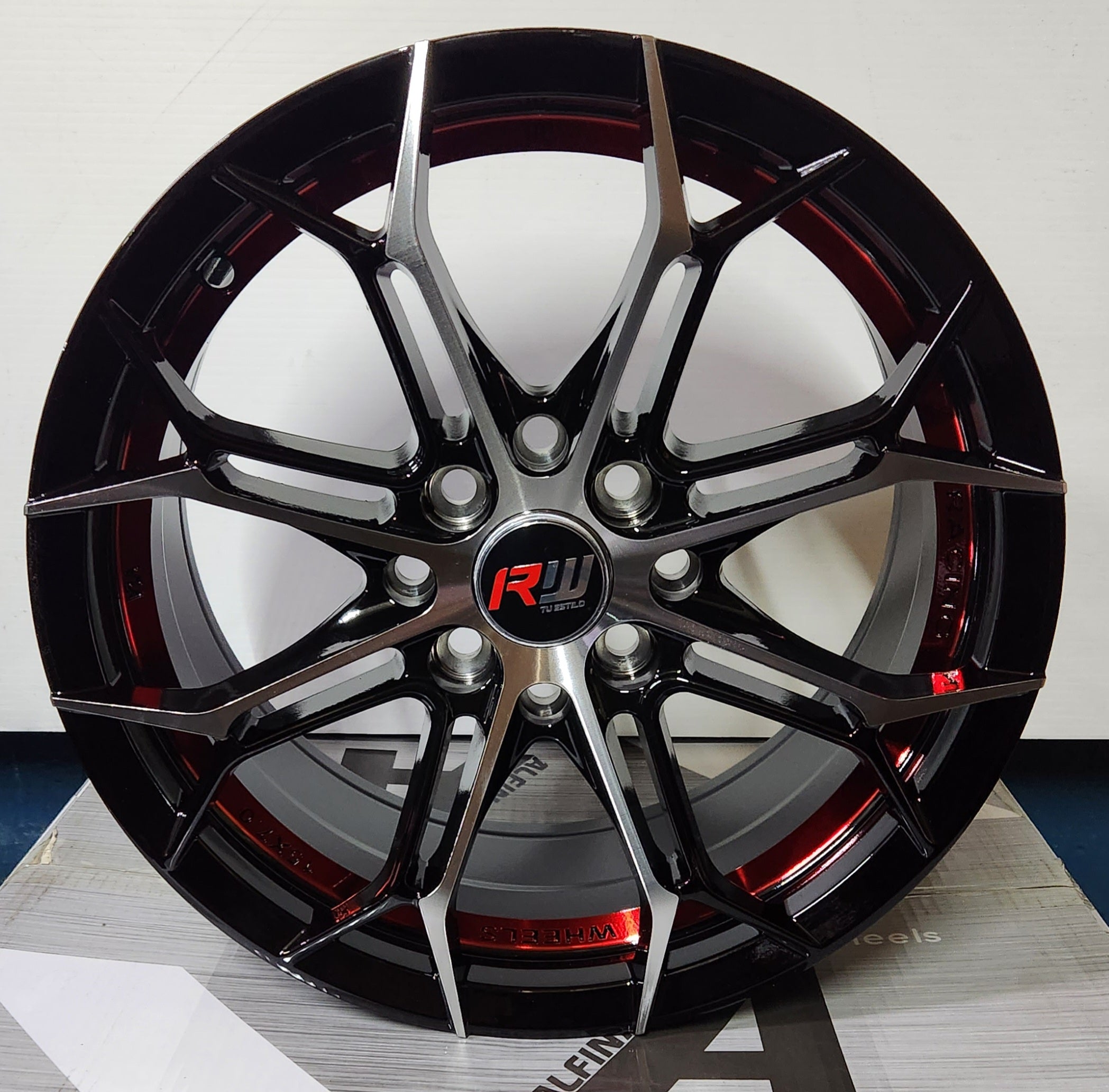 RW 590/SB 15X7.0 4X100 4X114.3 PIANO BLACK MACHINED FACE WITH RED UNDERCUT - Gun Hill Tire House (WTW - WHOLESALE TIRES & WHEELS)