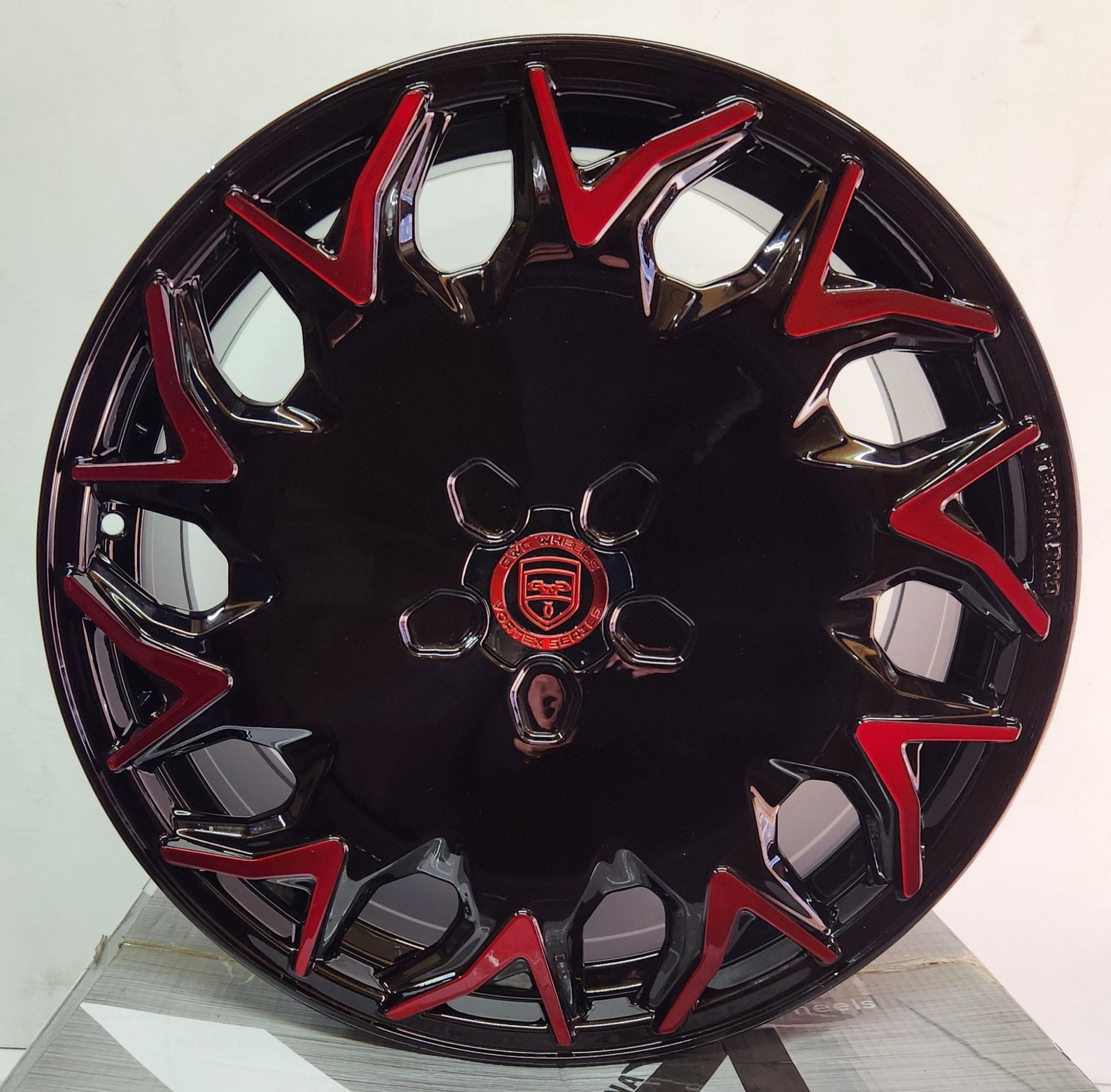 GWG VORTEX GV06 20x8.5 BLANK (5x108 - 5x127) GLOSS BLACK RED MF - Gun Hill Tire House (WTW - WHOLESALE TIRES & WHEELS)
