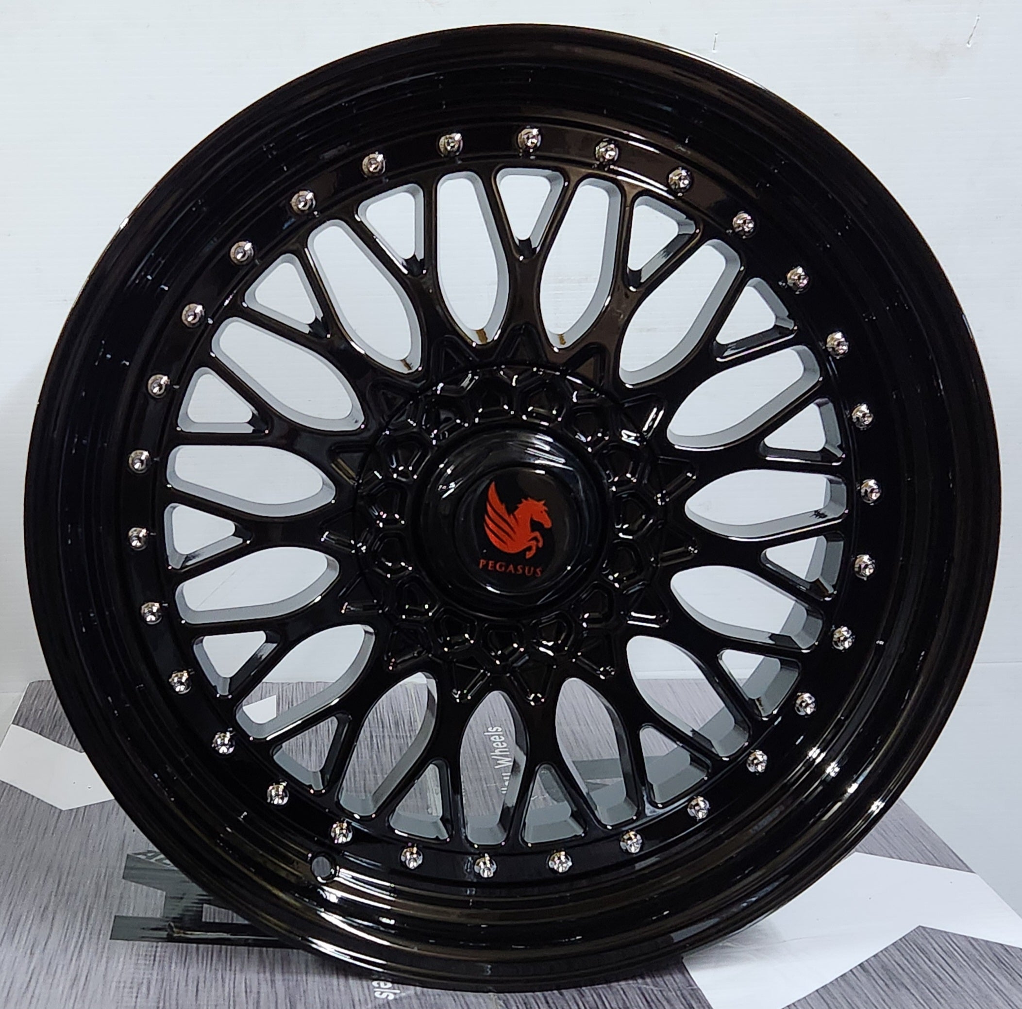 RBM1 19x9.5 5x112 / 5x114.3 / 5x120 GLOSS BLACK CHROME RIVETS - Gun Hill Tire House (WTW - WHOLESALE TIRES & WHEELS)