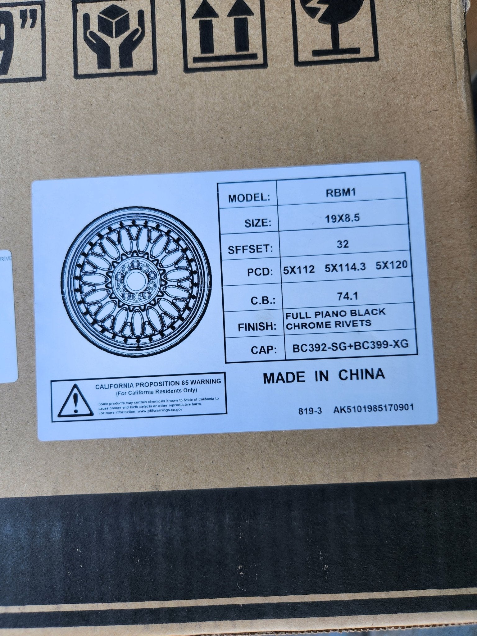 RBM1 19x8.5 5x112 / 5x114.3 / 5x120 GLOSS BLACK CHROME RIVETS - Gun Hill Tire House (WTW - WHOLESALE TIRES & WHEELS)