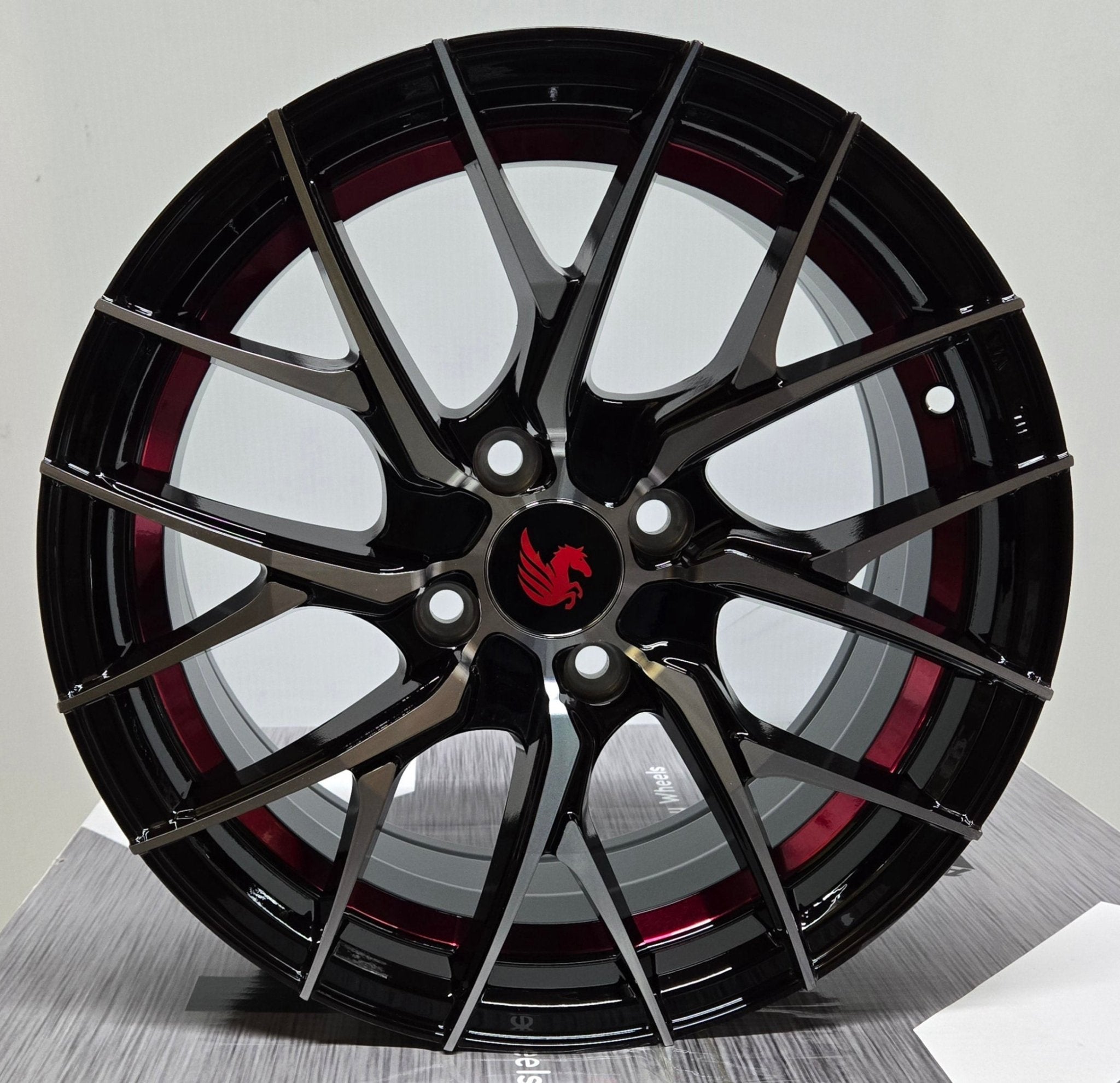 PEGASUS SW222 15x7.0 4x100 GLOSS BLACK MACHINE FACE RED UNDER CUT - Gun Hill Tire House (WTW - WHOLESALE TIRES & WHEELS)
