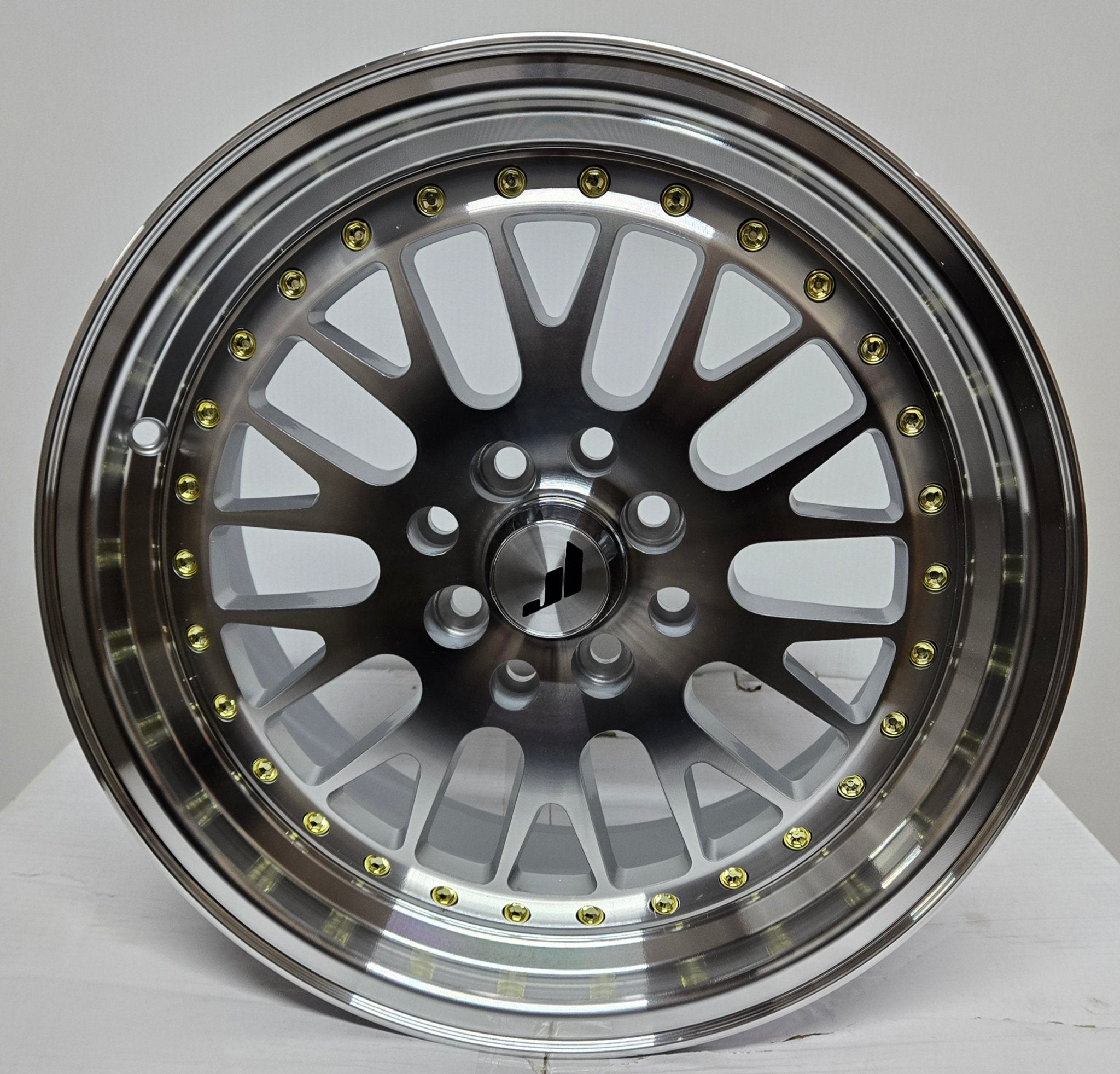 JR47 16x7.0 4x100 / 4x114.3 SILVER MACHINE LIP GOLD RIVETS - Gun Hill Tire House (WTW - WHOLESALE TIRES & WHEELS)