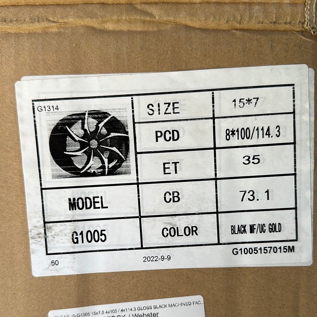 PEGASUS - G1005 15x7.0 4x100 / 4x114.3 GLOSS BLACK MACHINED FACE GOLD UNDER CUT - Gun Hill Tire House (WTW - WHOLESALE TIRES & WHEELS)