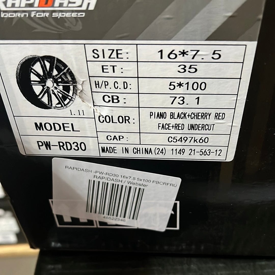 PW - RAPIDASH - RD30 WHEELS 16x7.5 5x100 PIANO BLACK CHERRY RED - Gun Hill Tire House (WTW - WHOLESALE TIRES & WHEELS)