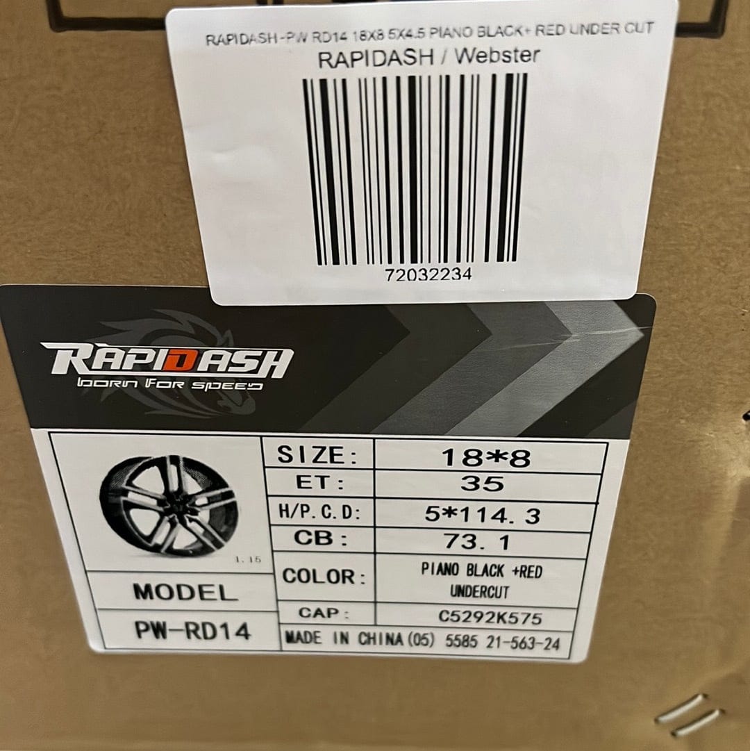 RAPIDASH PW RD14 18x8 5x114.3 PIANO BLACK RED UNDER CUT - Gun Hill Tire House (WTW - WHOLESALE TIRES & WHEELS)