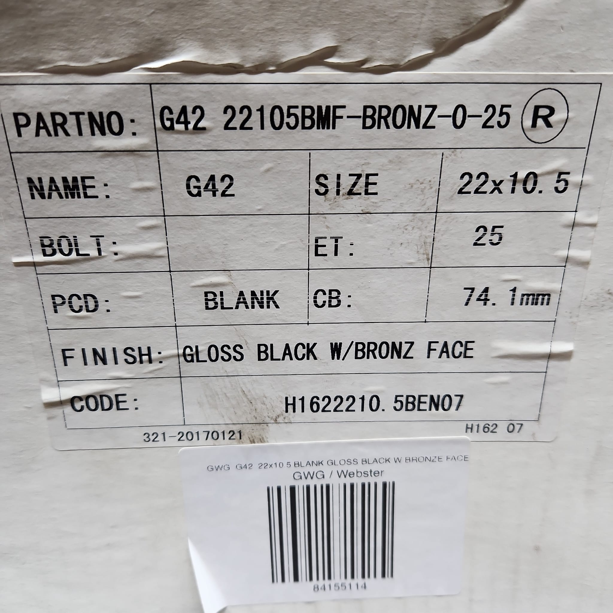 GWG G42 22x10.5 BLANK GLOSS BLACK W BRONZE FACE - Gun Hill Tire House (WTW - WHOLESALE TIRES & WHEELS)