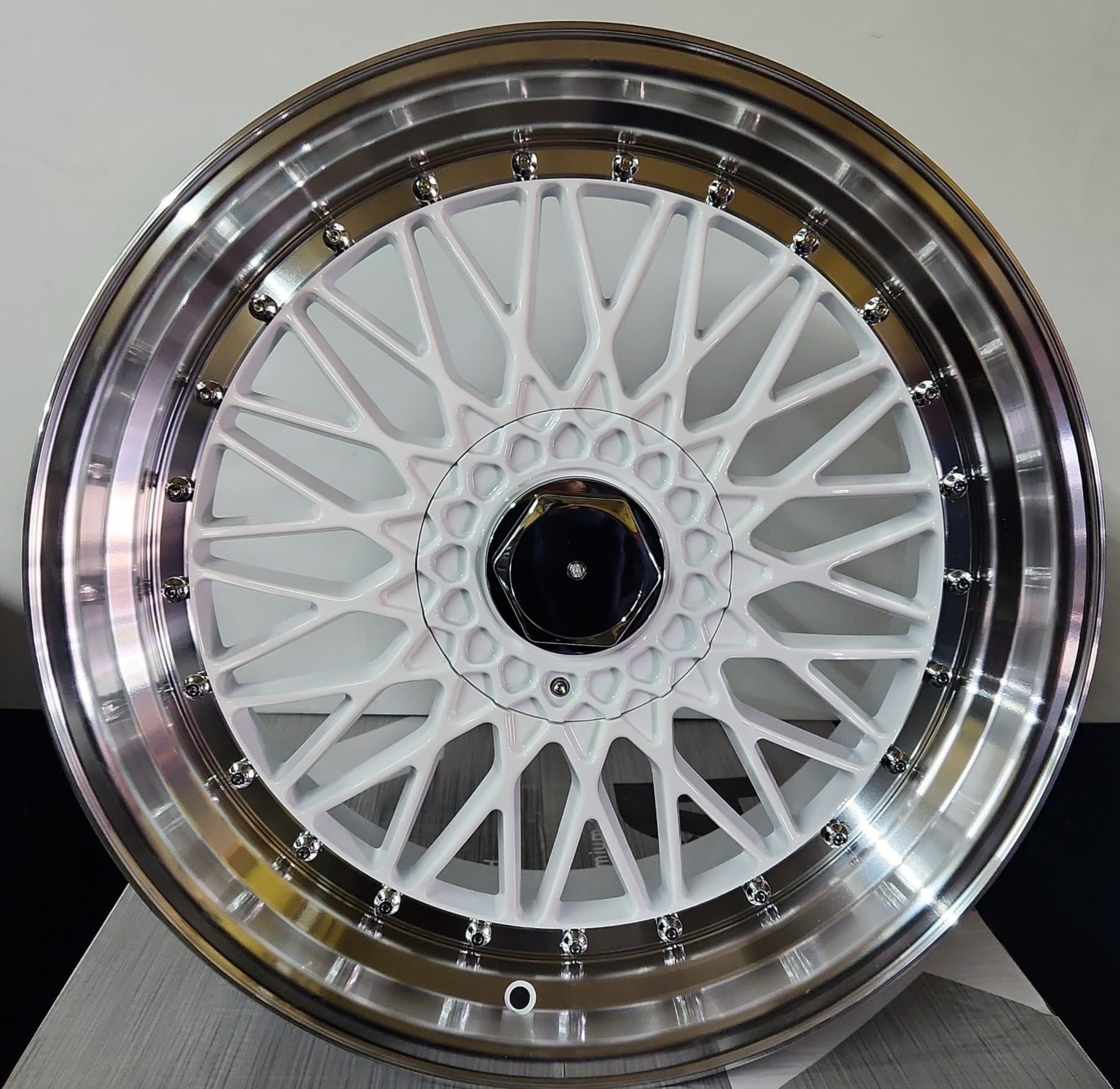 Alfina AY679 20x8.5 5x100 / 5x114.3 GLOSSY WHITE MACHINED LIPS CHROME RIVETS - Gun Hill Tire House (WTW - WHOLESALE TIRES & WHEELS)