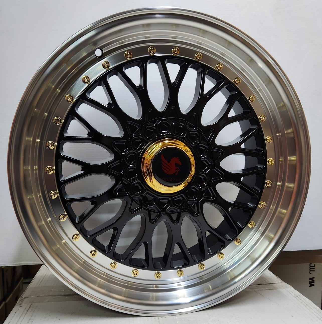 PW - RD10 15x7.0 4x100 / 4x114.3 GLOSS BLACK WITH MACHINED LIP GOLD RIVETS - Gun Hill Tire House (WTW - WHOLESALE TIRES & WHEELS)