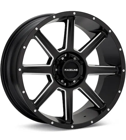 RACELINE STRYKER BLACK W/MILLED ACCENT - Gun Hill Tire House (WTW - WHOLESALE TIRES & WHEELS)