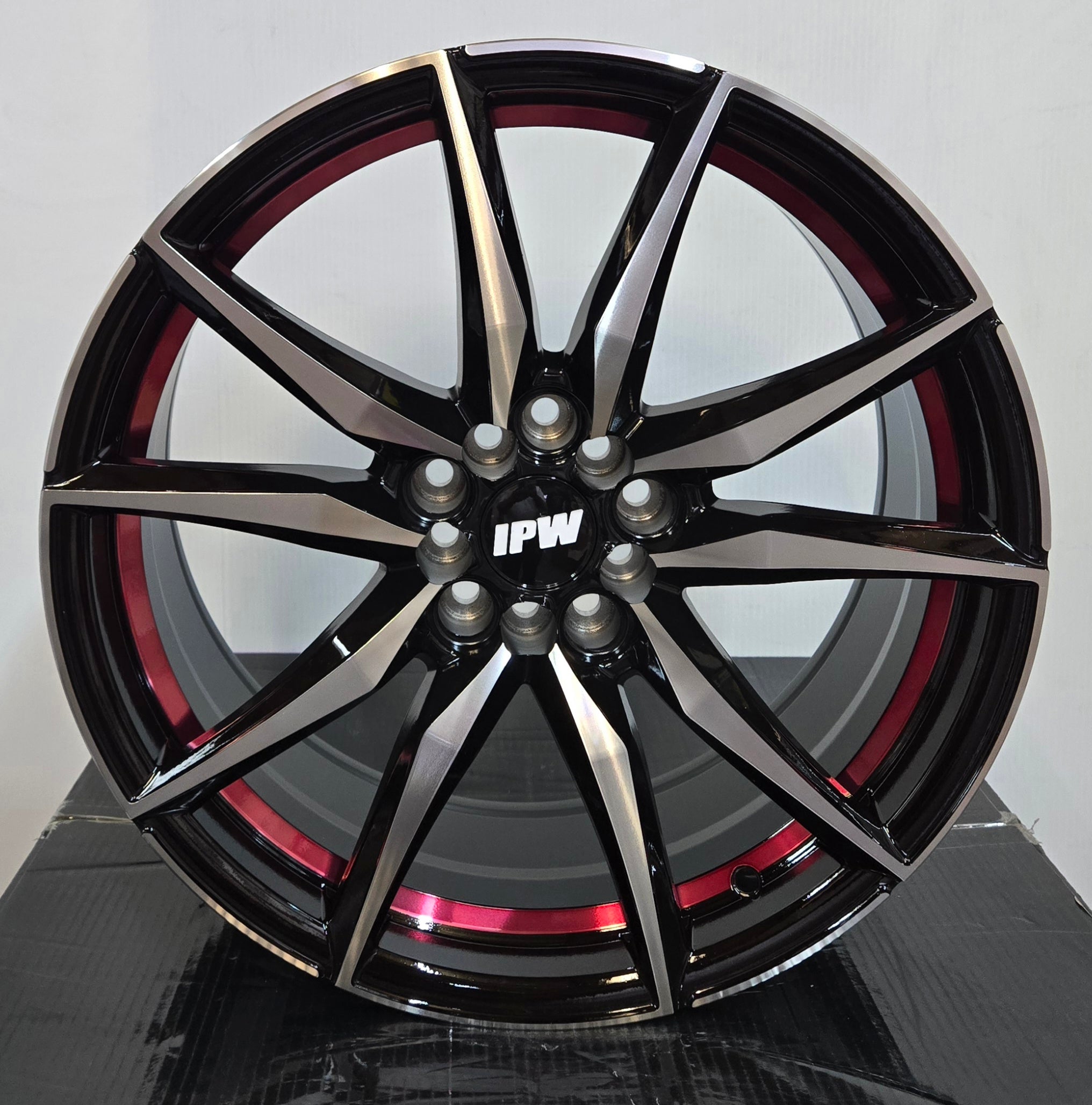 W112 18X8 5X100 5X112 5X114.3 BLACK MACHINED FACE RED LIP - Gun Hill Tire House (WTW - WHOLESALE TIRES & WHEELS)