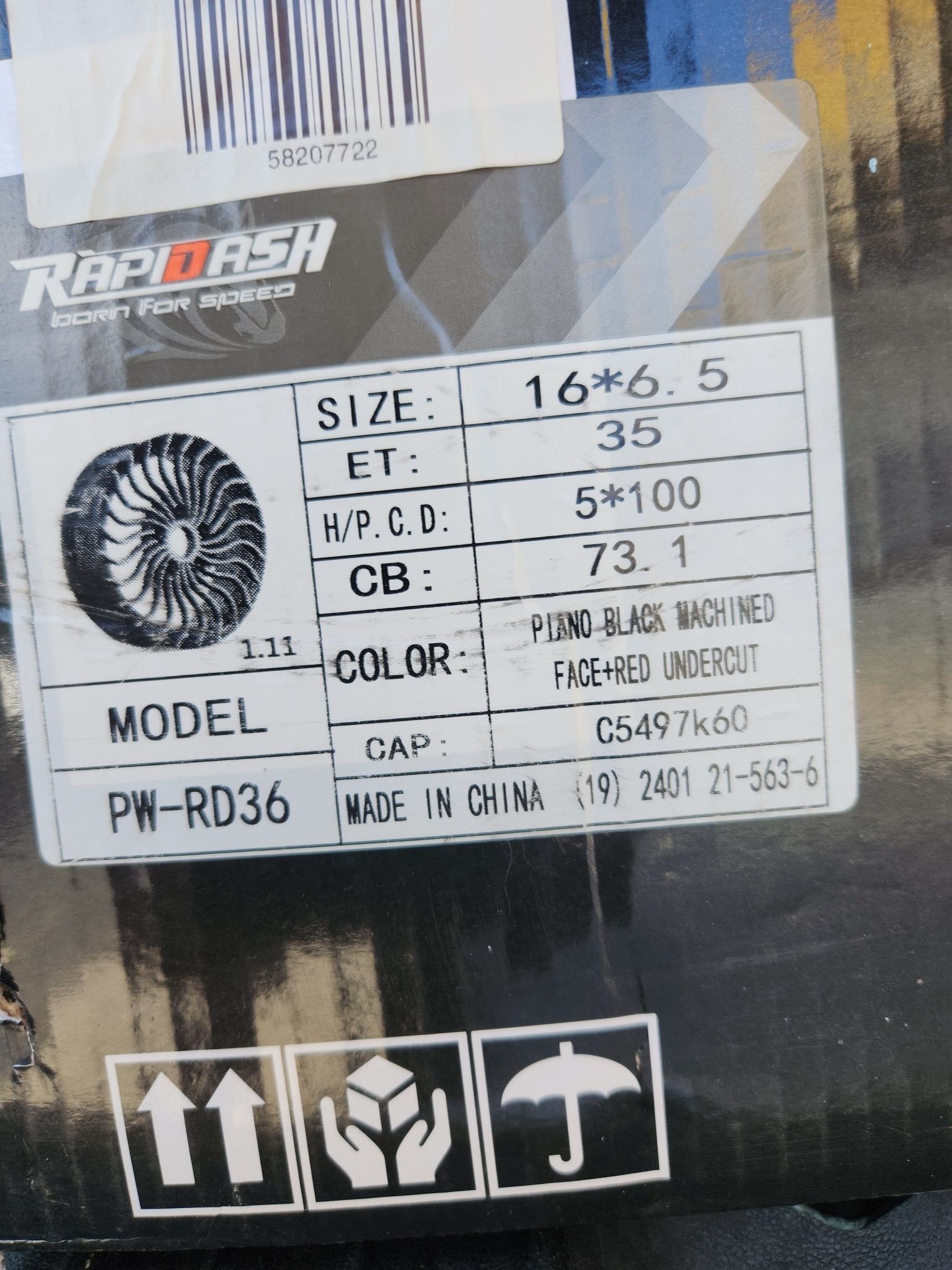 RAPIDASH PW - RD36 16x6.5 5x100 PIANO BLACK MF RED - Gun Hill Tire House (WTW - WHOLESALE TIRES & WHEELS)