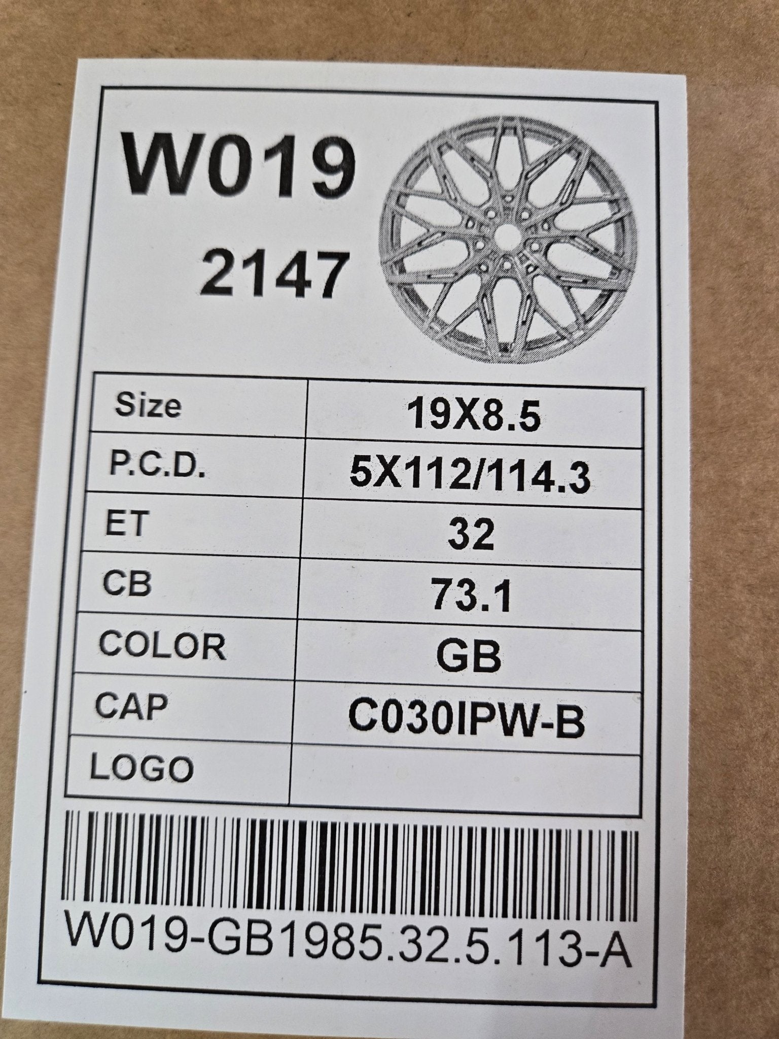 W019 19X8.5 5X112 5X114.3 GLOSS BLACK - Gun Hill Tire House (WTW - WHOLESALE TIRES & WHEELS)