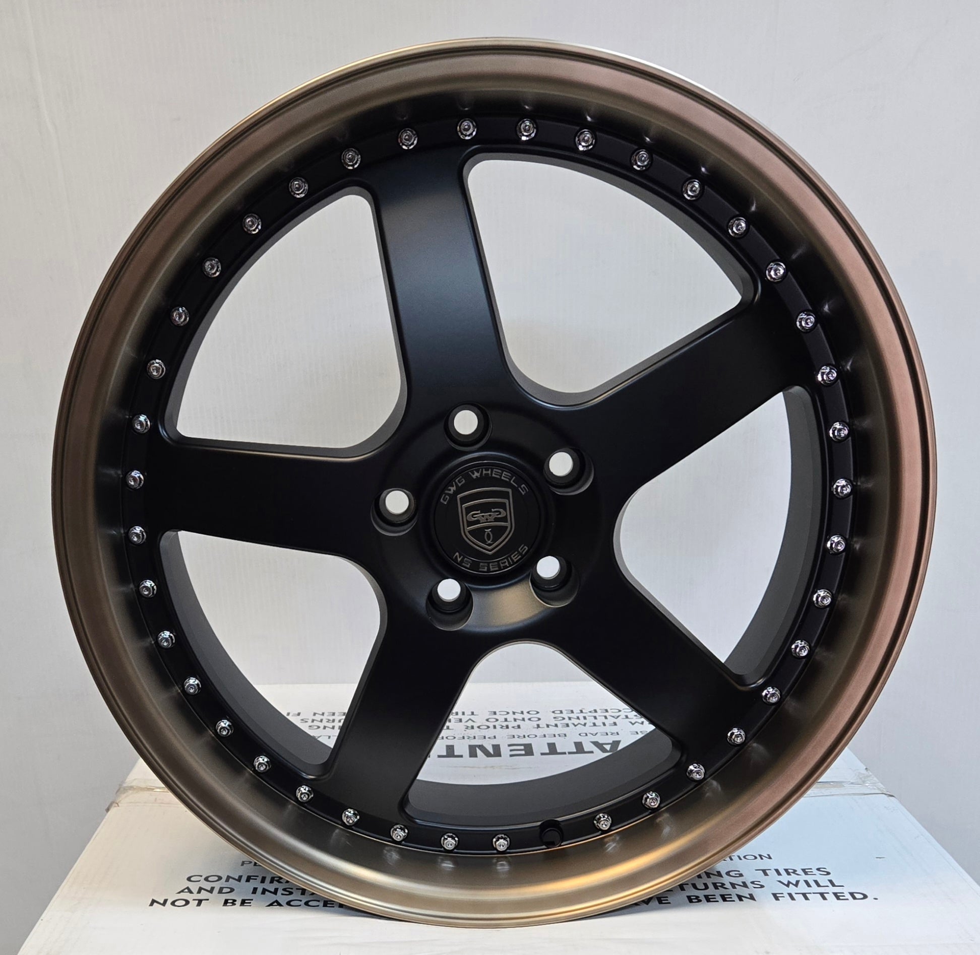 GWG NS8 19x8.5 SATIN BLACK BRONZE LIP BLACK RIVETS - Gun Hill Tire House (WTW - WHOLESALE TIRES & WHEELS)