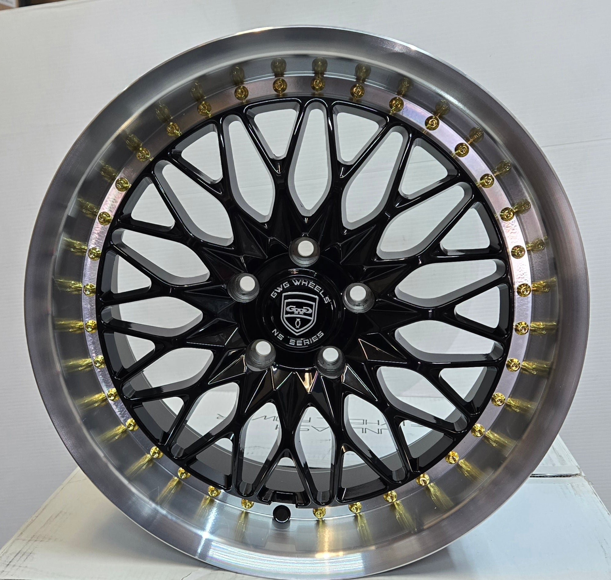 GWG NS5 18X8.5 5X114.3 GLOSS BLACK MACHINED LIP GOLD RIVETS - Gun Hill Tire House (WTW - WHOLESALE TIRES & WHEELS)