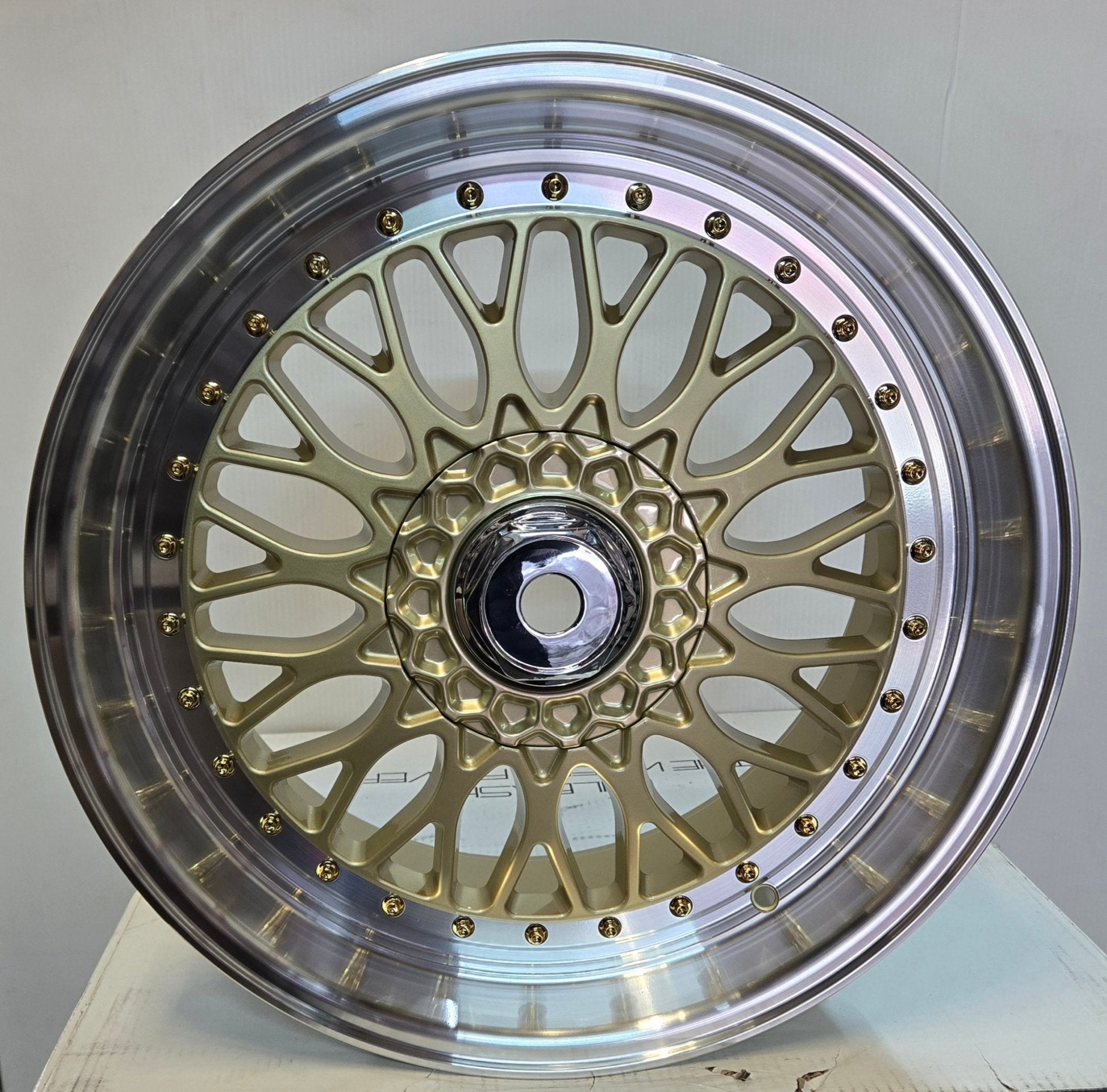 RBM1 19X9.5 5X114.3 GOLD MACHINED LIP GOLD RIVET - Gun Hill Tire House (WTW - WHOLESALE TIRES & WHEELS)