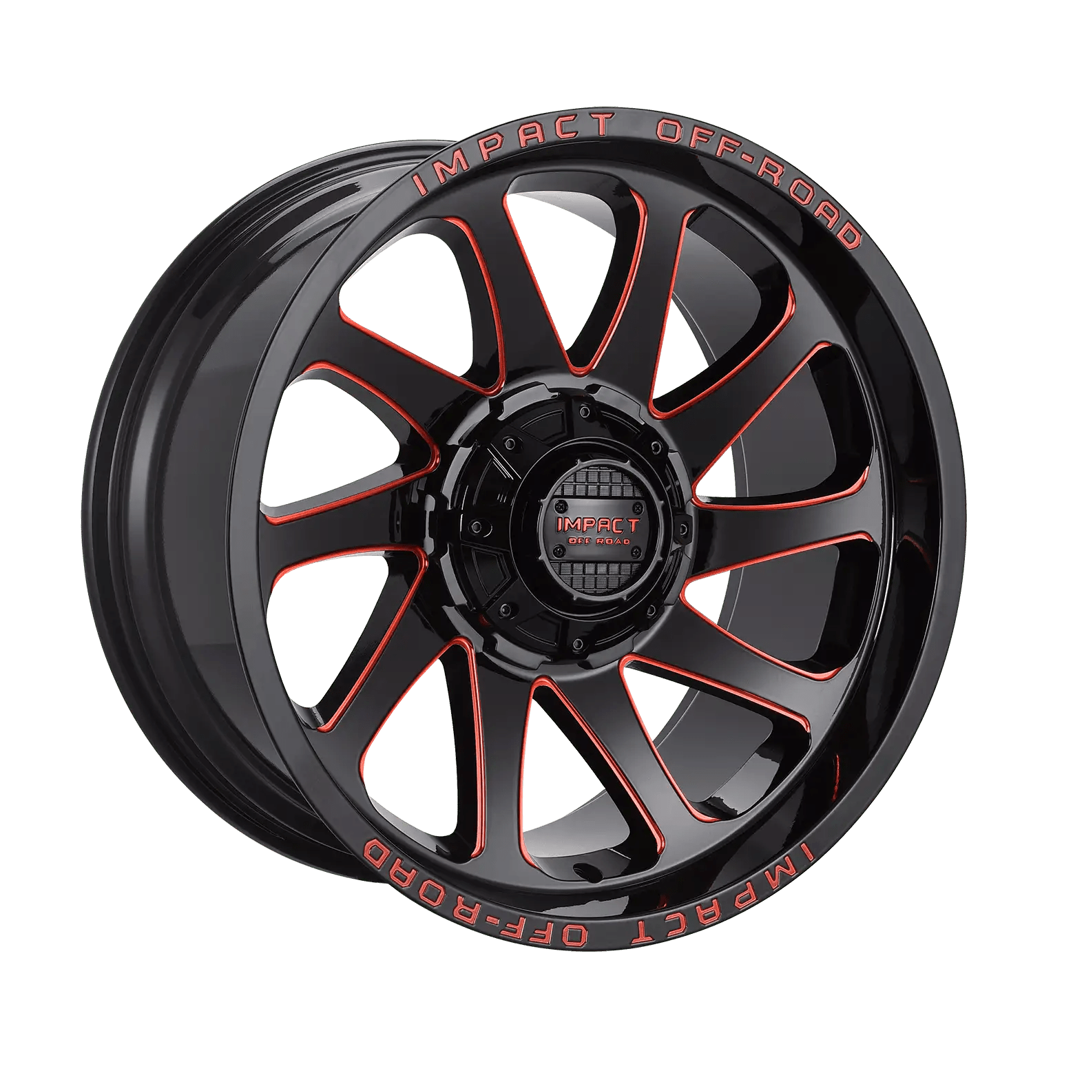 IMPACT OFF ROAD 825 20X10 6X135 - 6X5.5 PIANO BLACK WITH RED MILLING WINDOWS - Gun Hill Tire House (WTW - WHOLESALE TIRES & WHEELS)
