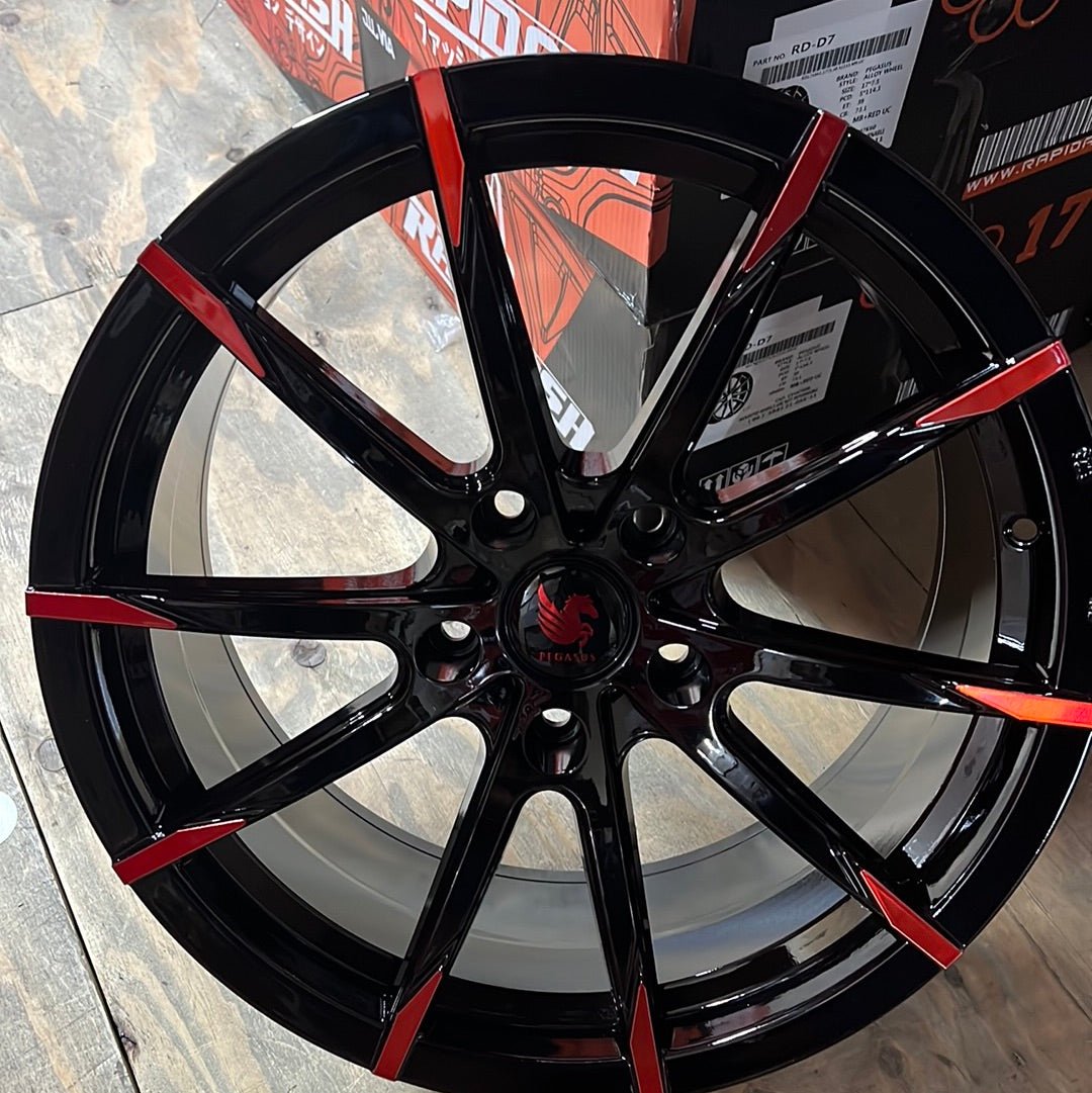 PEGASUS AD073 18X8.5 5X120 PIANO BLACK MACHINE FACE+ RED TOP COAT - Gun Hill Tire House (WTW - WHOLESALE TIRES & WHEELS)