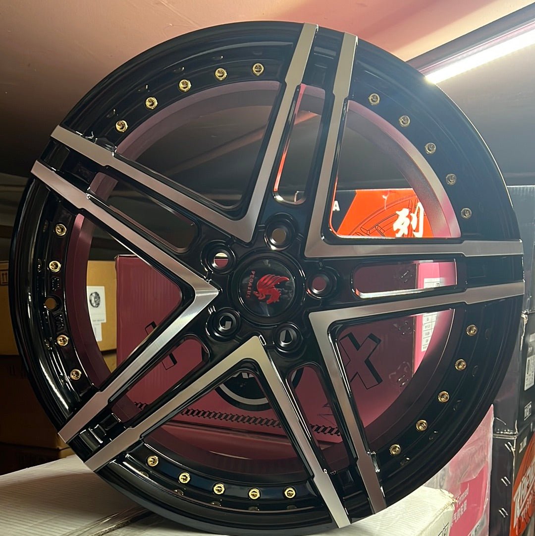 PEGASUS AZ318 18X8 5X4.5 PIANO BLACK MACHINE FACE+ GOLD RIVETS - Gun Hill Tire House (WTW - WHOLESALE TIRES & WHEELS)