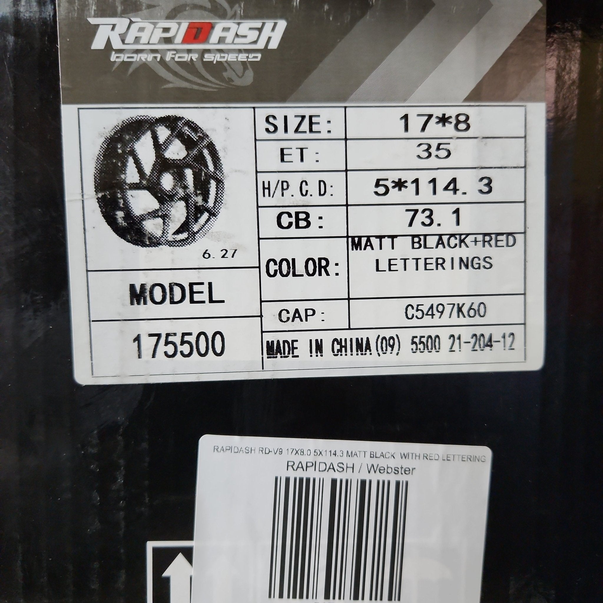 RAPIDASH RD - V9 17X8.0 5X114.3 MATT BLACK WITH RED LETTERING - Gun Hill Tire House (WTW - WHOLESALE TIRES & WHEELS)