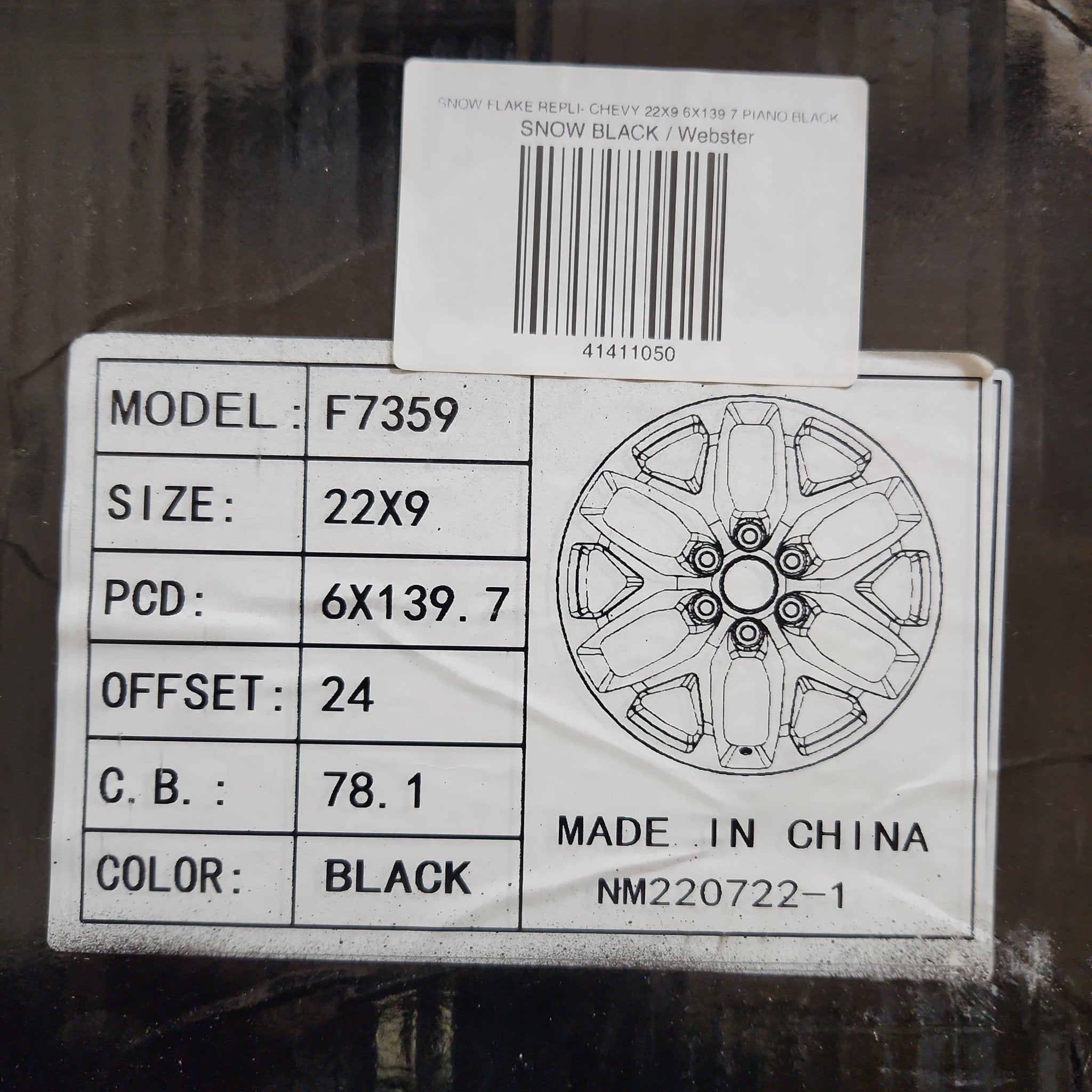 SNOW FLAKE REPLI - 348N f7359 CHEVY 22X9 6X139.7 PIANO BLACK - Gun Hill Tire House (WTW - WHOLESALE TIRES & WHEELS)