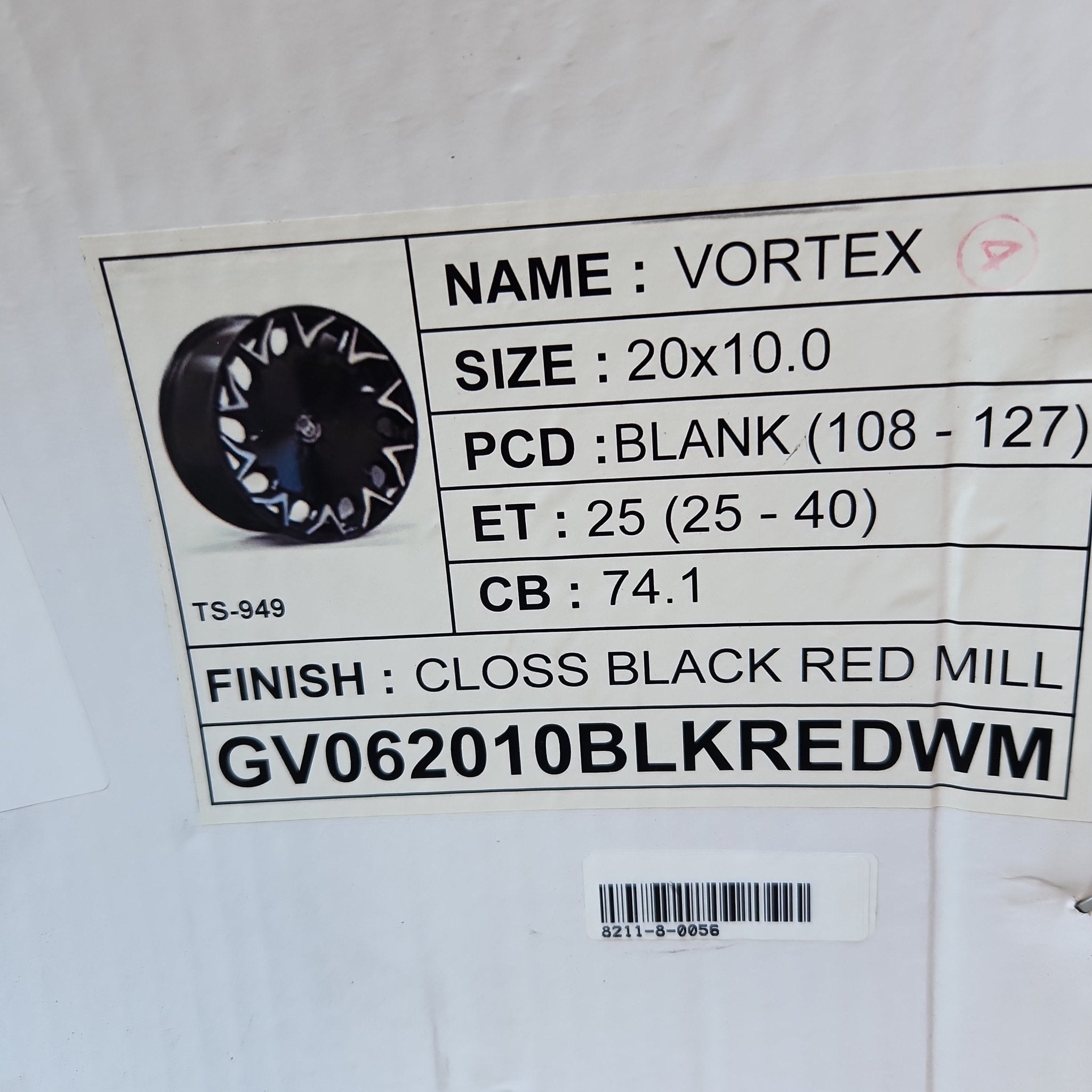 GWG VORTEX GV06 20x10.0 BLANK (5x108 - 5x127) GLOSS BLACK RED MILL - Gun Hill Tire House (WTW - WHOLESALE TIRES & WHEELS)