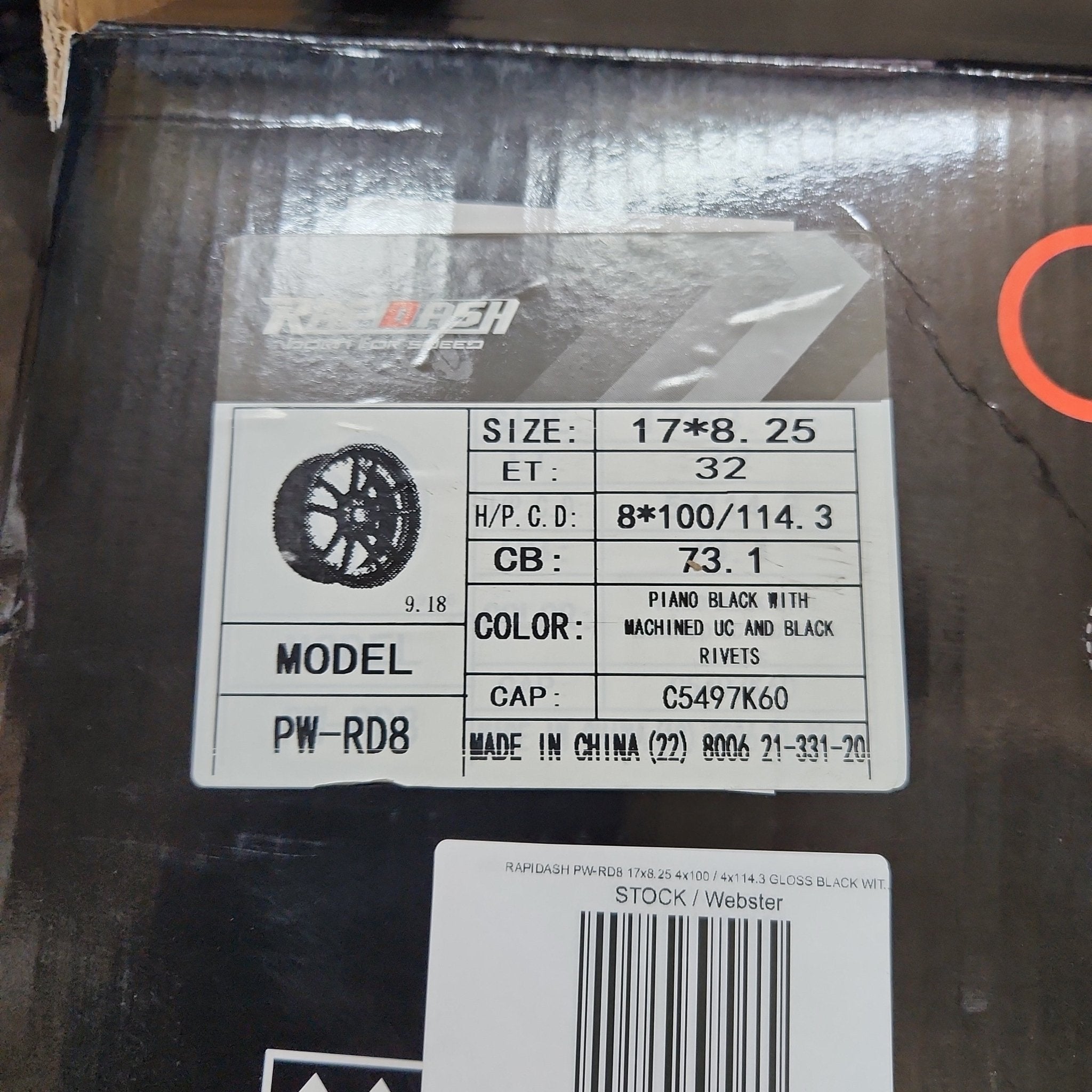 RAPIDASH PW - RD8 17x8.25 4x100 / 4x114.3 GLOSS BLACK WITH MACHINE UNDER CUT AND RIVET - Gun Hill Tire House (WTW - WHOLESALE TIRES & WHEELS)