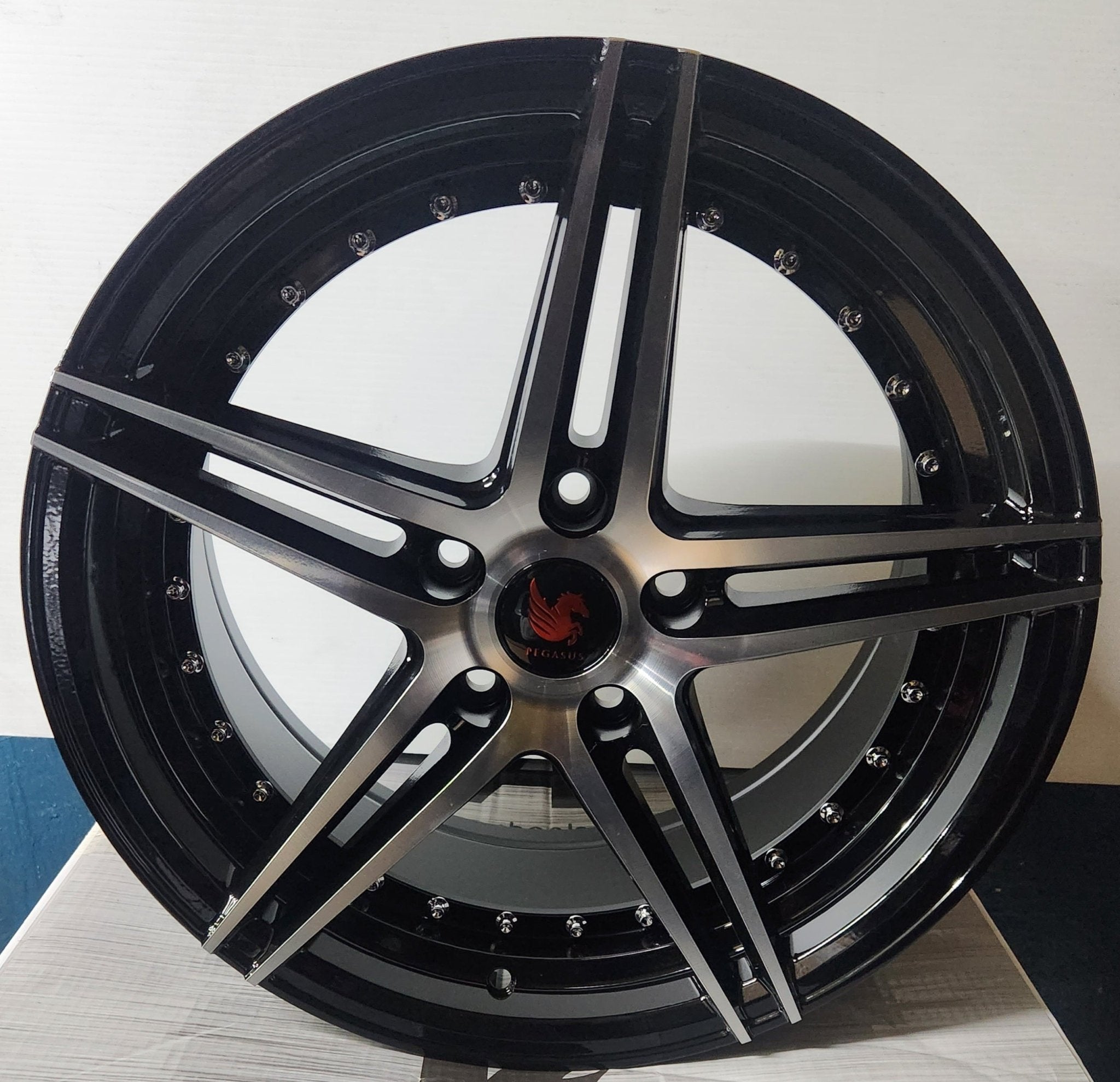 PEGASUS AD19 17X8.0 5X114.3 GLOSS BLACK MACHINED FACE WITH CHROME RIVETS - Gun Hill Tire House (WTW - WHOLESALE TIRES & WHEELS)