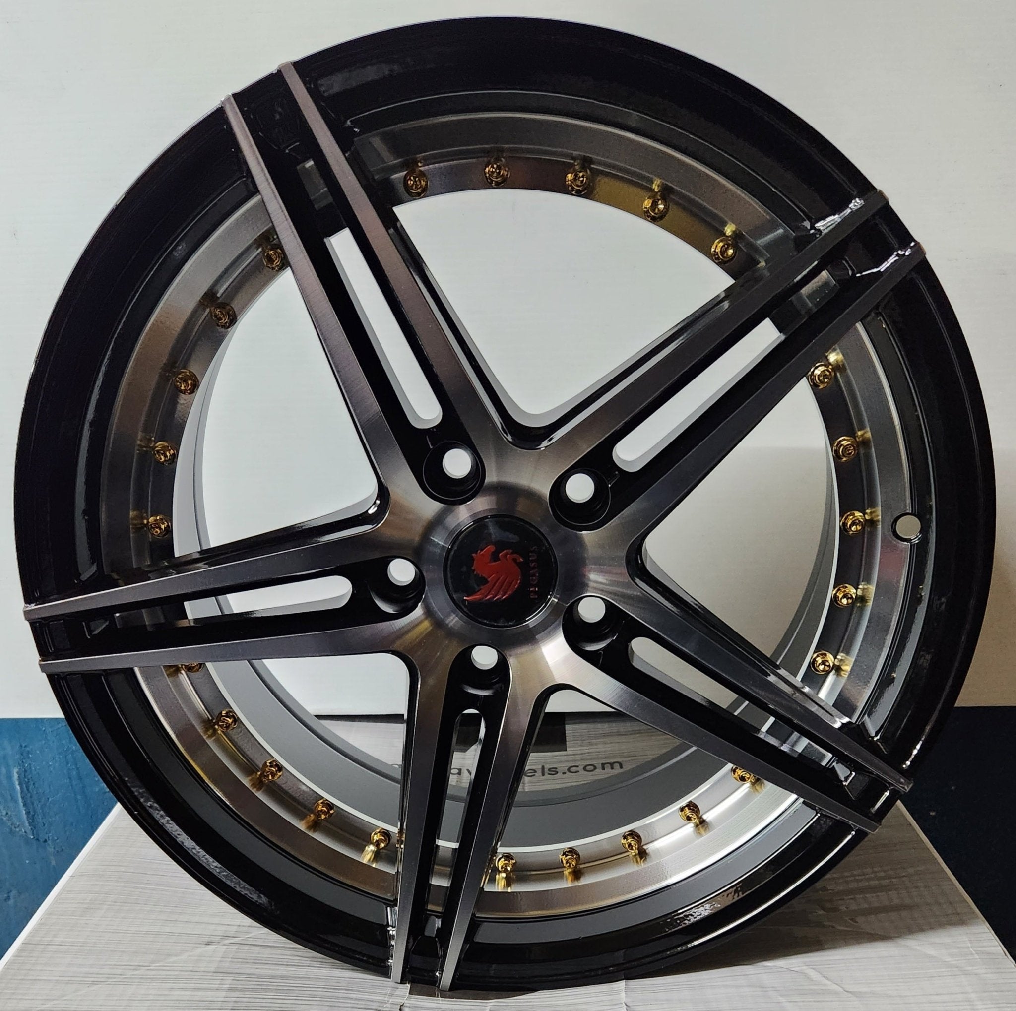 PEGASUS AD19 17X8.0 5X114.3 GLOSS BLACK MACHINED FACE WITH UNDER CUT GOLD RIVETS - Gun Hill Tire House (WTW - WHOLESALE TIRES & WHEELS)