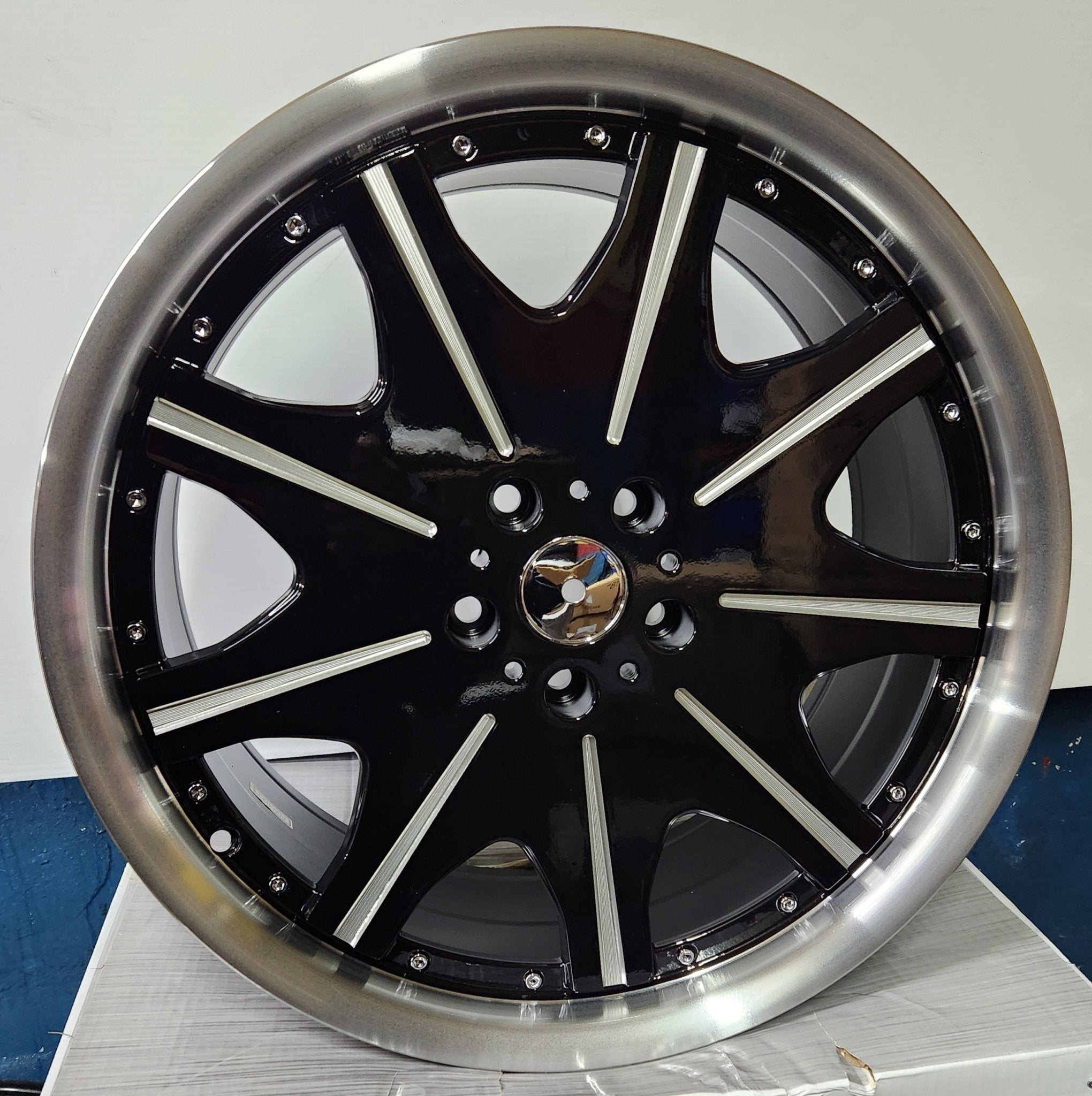 OE - 10364 19x9.5 5x112 5X114.3 GLOSS BLACK MACHINED MILLED AND LIP CHROME RIVET - Gun Hill Tire House (WTW - WHOLESALE TIRES & WHEELS)