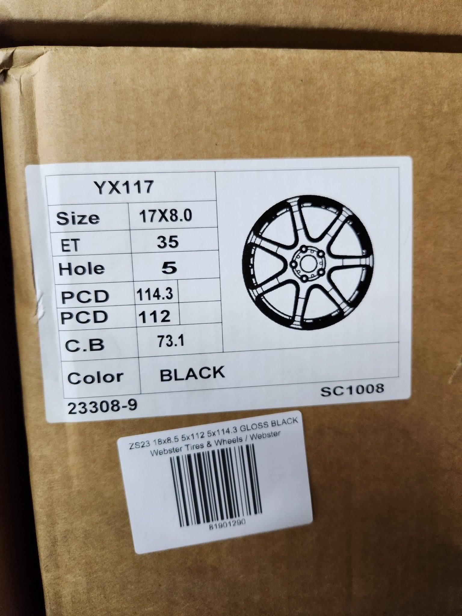 OE - YX117 1008 T7R 17x8.0 5X112 5X114.3 GLOSS BLACK - Gun Hill Tire House (WTW - WHOLESALE TIRES & WHEELS)