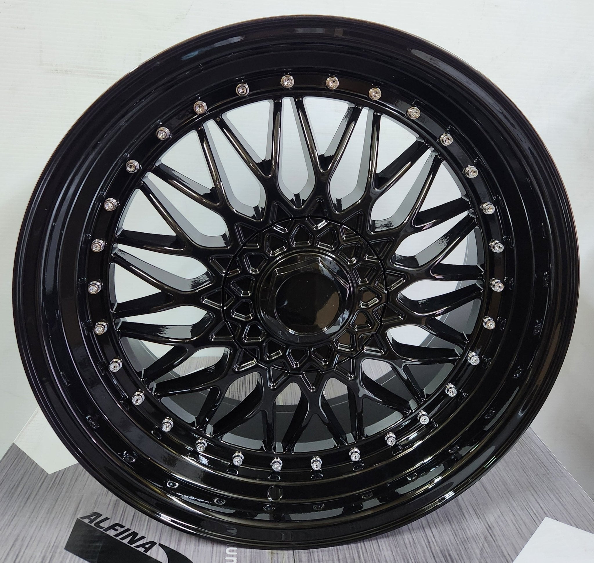RS REP 18x8.0 5x100 / 5x112 / 5x114.3 GLOSS BLACK + CHROME RIVETS - Gun Hill Tire House (WTW - WHOLESALE TIRES & WHEELS)