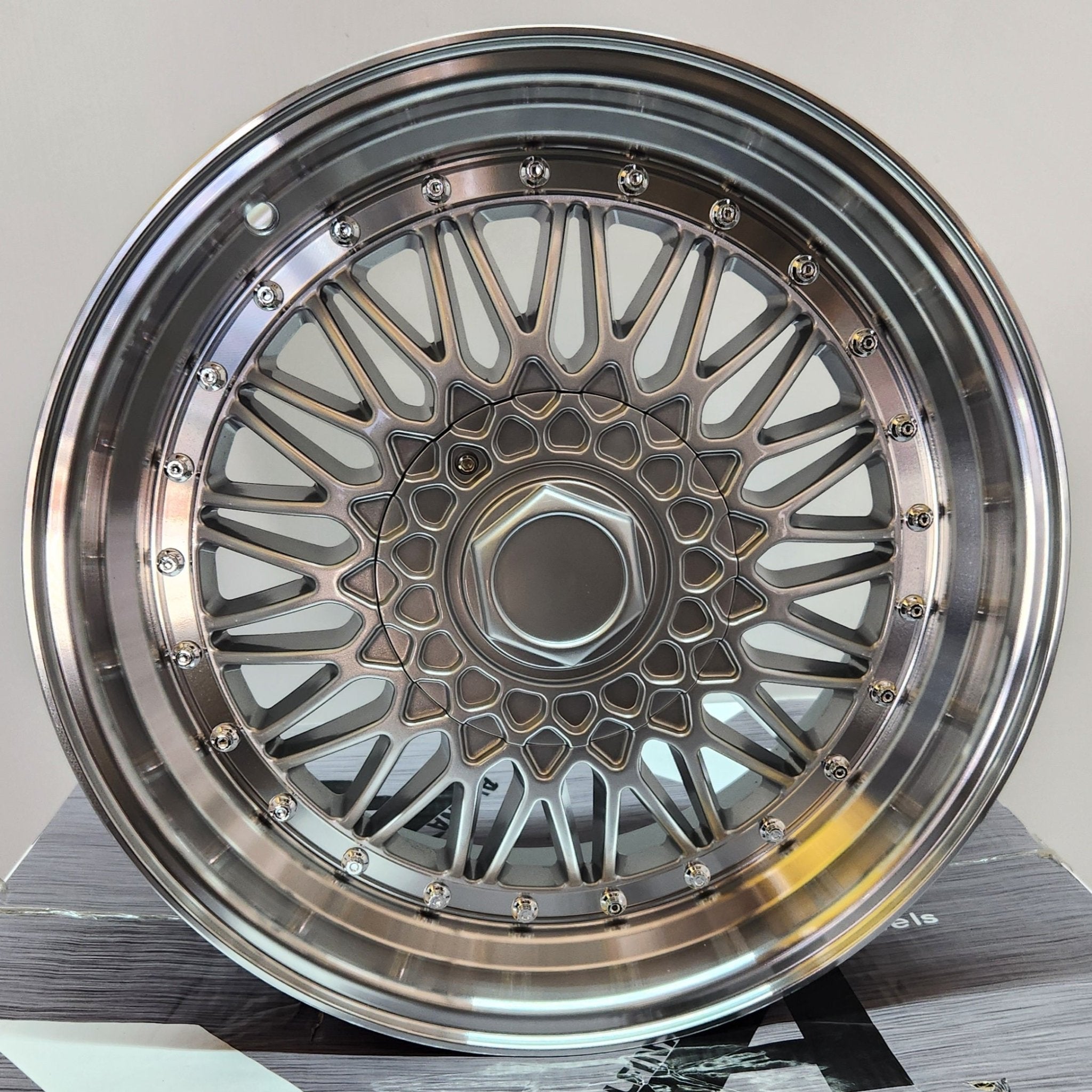 RBM1 L247 17x7.5 4x100 / 4x114.3 SILVER MACHINE LIP + CHROME RIVETS - Gun Hill Tire House (WTW - WHOLESALE TIRES & WHEELS)