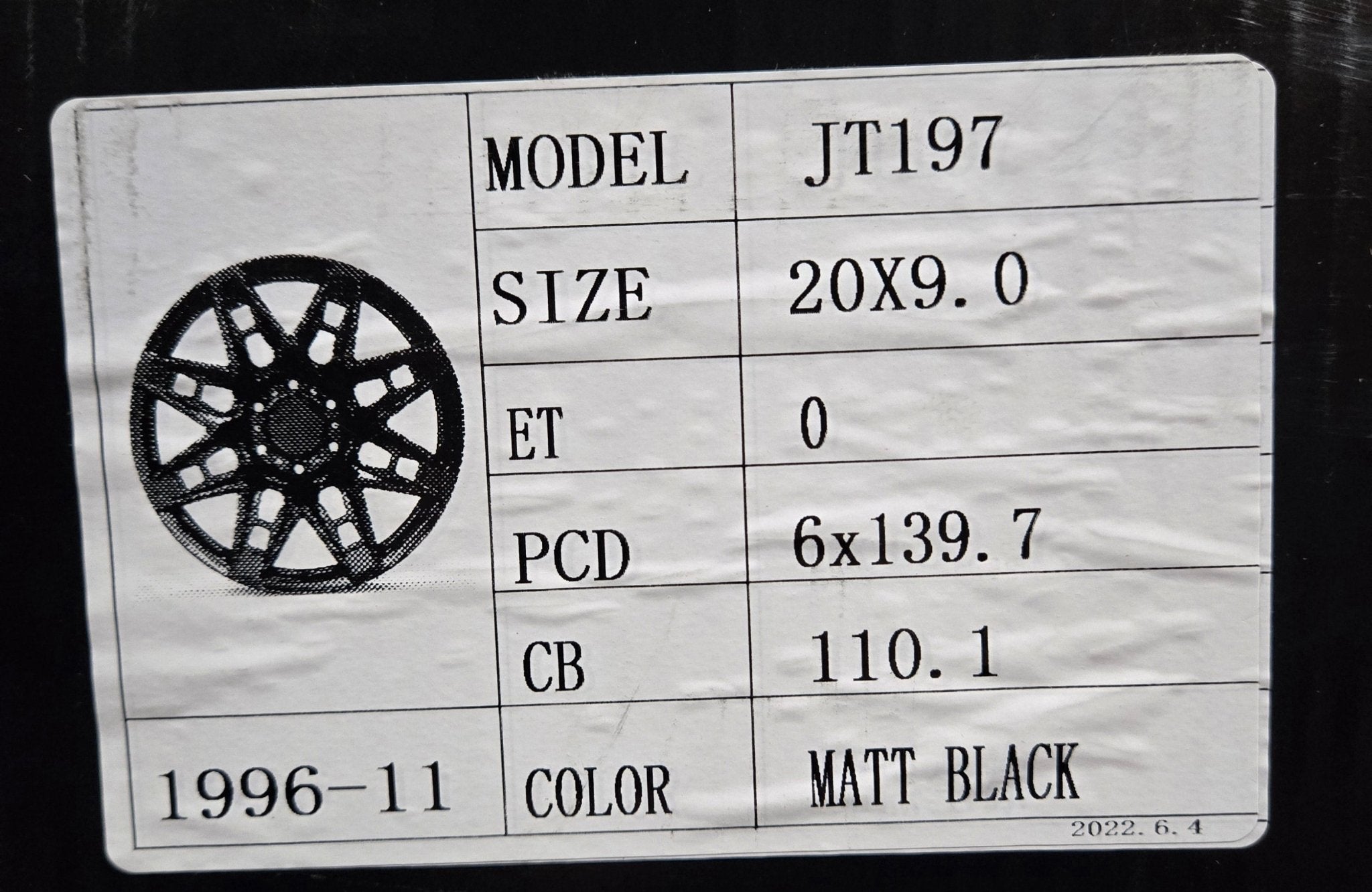 JT197 20X9.0 6X139.7 MATT BLACK - Gun Hill Tire House (WTW - WHOLESALE TIRES & WHEELS)
