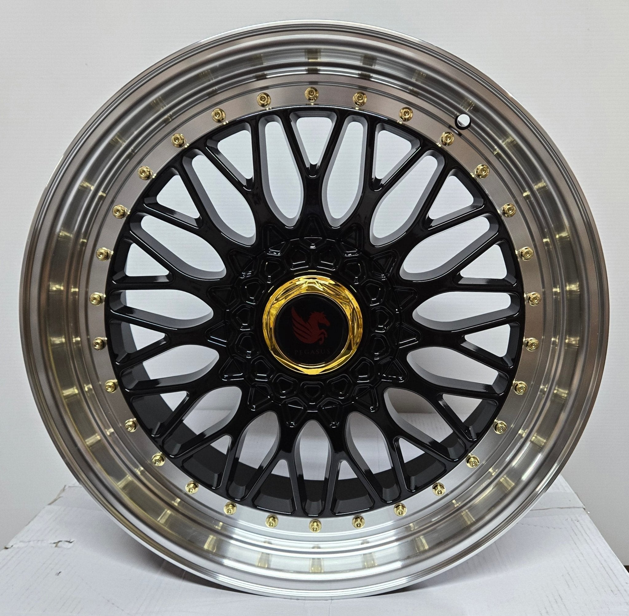 RBM1 20x8.5 5x114.3 / 5x120 GLOSS BLACK MACHINE LIP + GLOD RIVETS - Gun Hill Tire House (WTW - WHOLESALE TIRES & WHEELS)