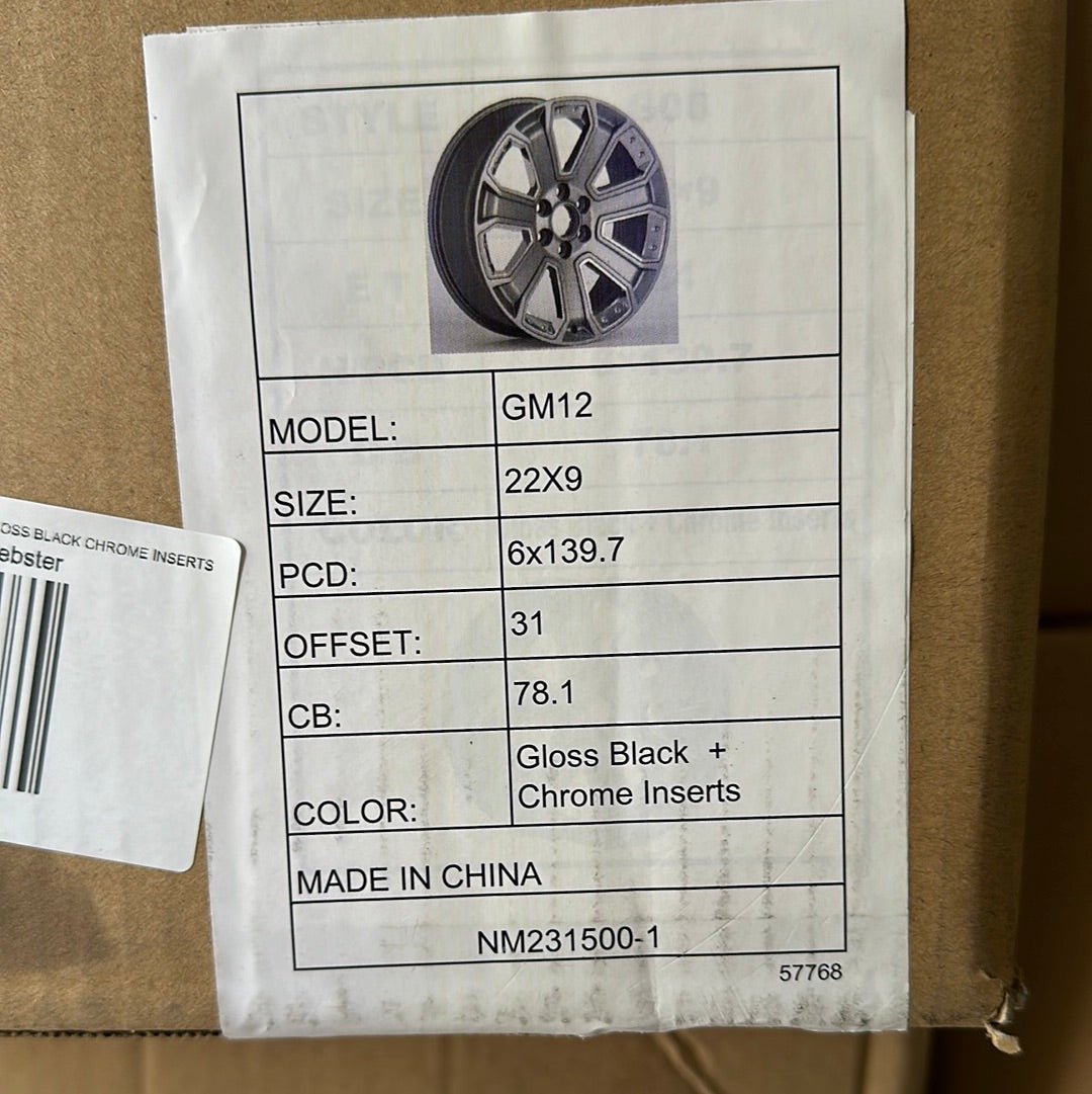 GM12 SIERRA STYLE 22x9.0 6x139.7 GLOSS BLACK CHROME INSERTS - Gun Hill Tire House (WTW - WHOLESALE TIRES & WHEELS)