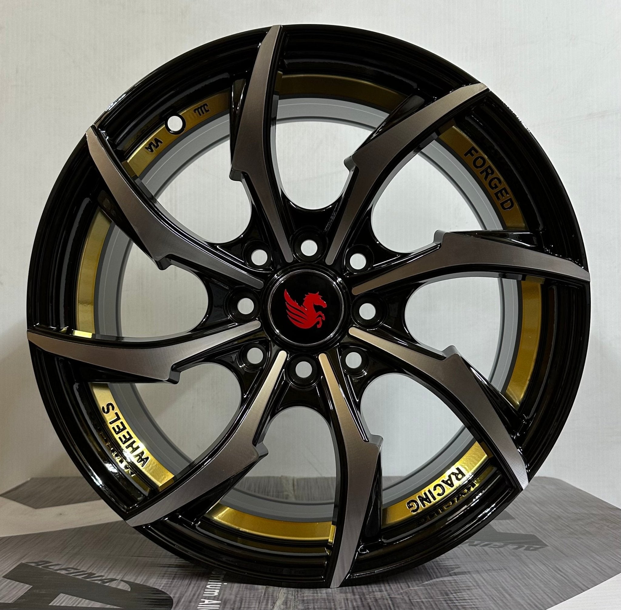 PEGASUS - G1005 15x7.0 4x100 / 4x114.3 GLOSS BLACK MACHINED FACE GOLD UNDER CUT - Gun Hill Tire House (WTW - WHOLESALE TIRES & WHEELS)