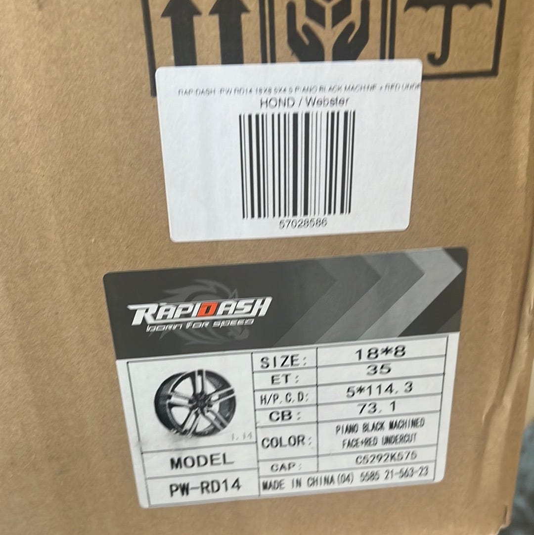 RAPIDASH - PW RD14 18X8 5X4.5 PIANO BLACK MACHINE + RED UNDER CUT - Gun Hill Tire House (WTW - WHOLESALE TIRES & WHEELS)