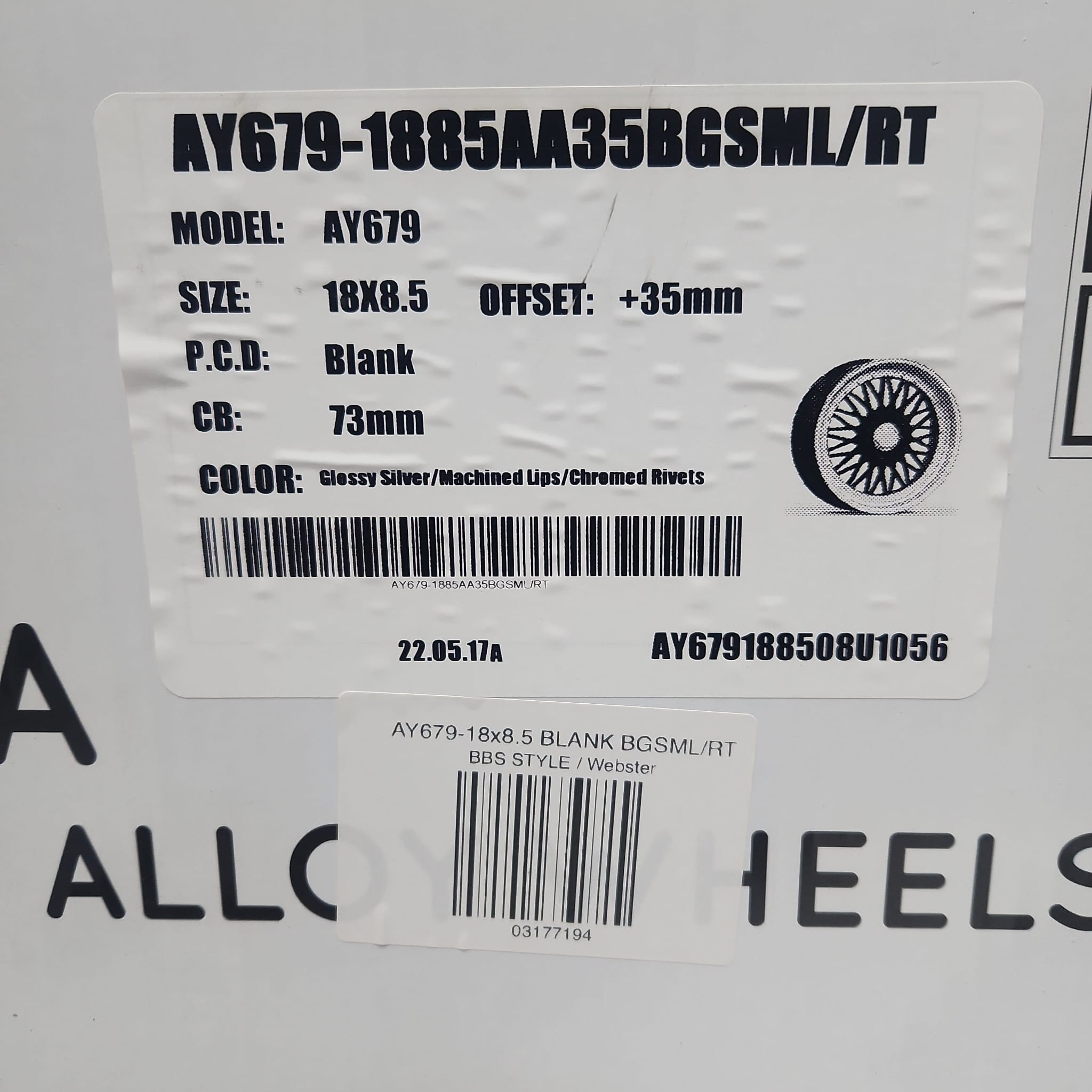 AY679 - 18x8.5 BLANK BGSML/RT - GLOSSY SILVER MACHINE LIP CHROME RIVETS - Gun Hill Tire House (WTW - WHOLESALE TIRES & WHEELS)