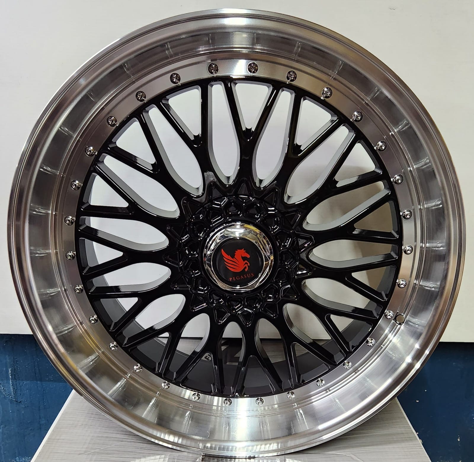 RBM1 17x7.5 5x100 / 5x114.3 GLOSS BLACK MACHINE LIP + CHROME RIVETS - Gun Hill Tire House (WTW - WHOLESALE TIRES & WHEELS)