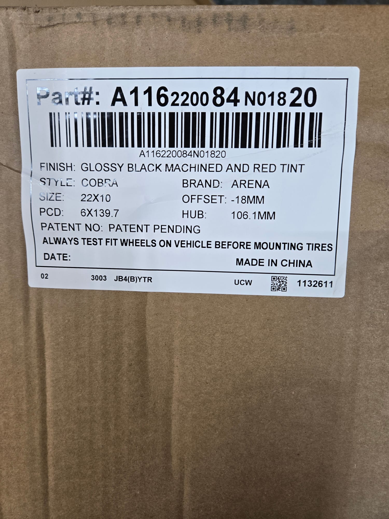 A116 ARENA COBRA 22X10 6X139.7 GLOSS BLACK MACHINE RED TINT - Gun Hill Tire House (WTW - WHOLESALE TIRES & WHEELS)