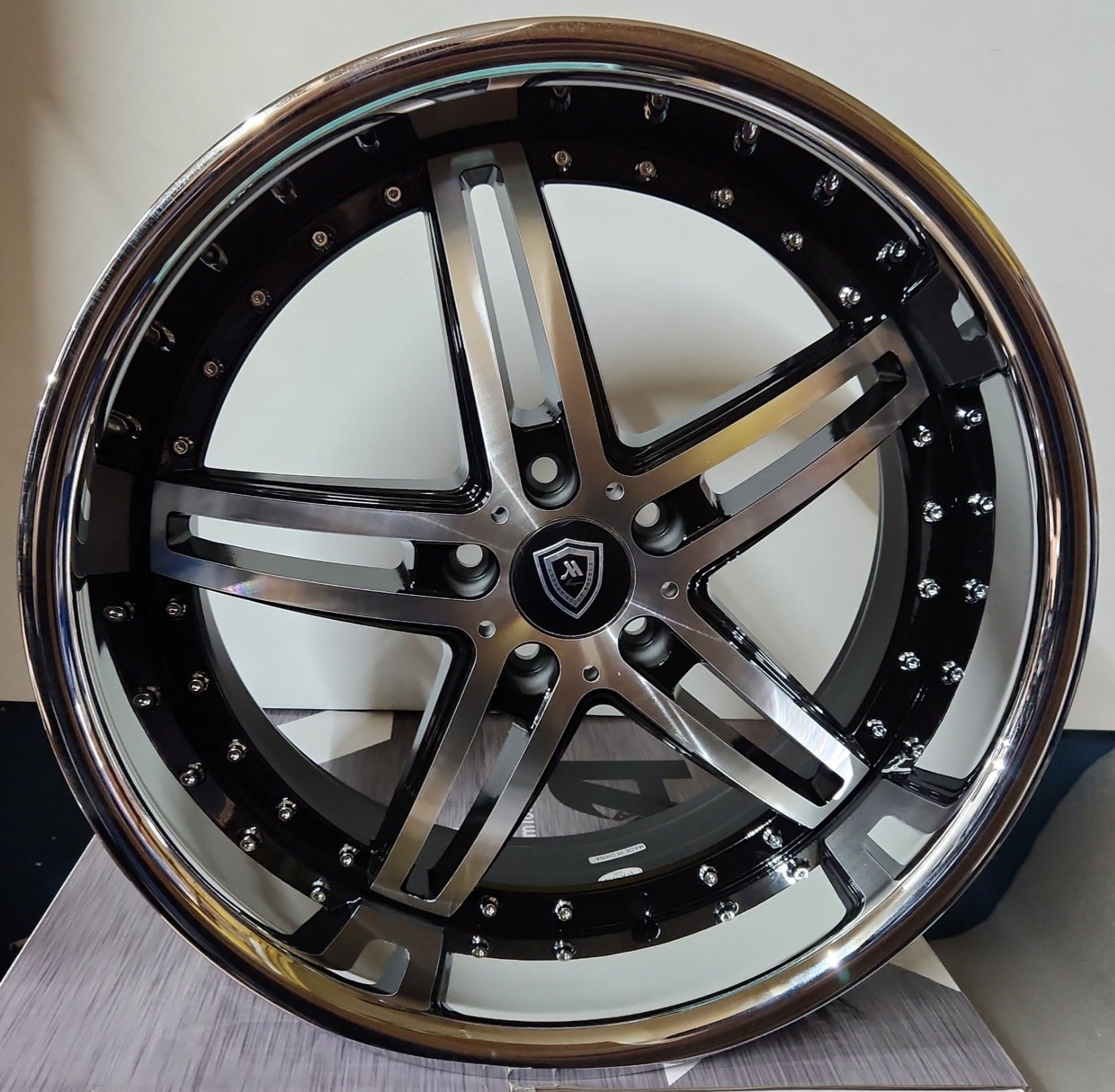 MARQUEE M5329 20X9.0 5X112 PIANO BLACK MACHINED FACE+ STAINLESS STEEL LIP - Gun Hill Tire House (WTW - WHOLESALE TIRES & WHEELS)