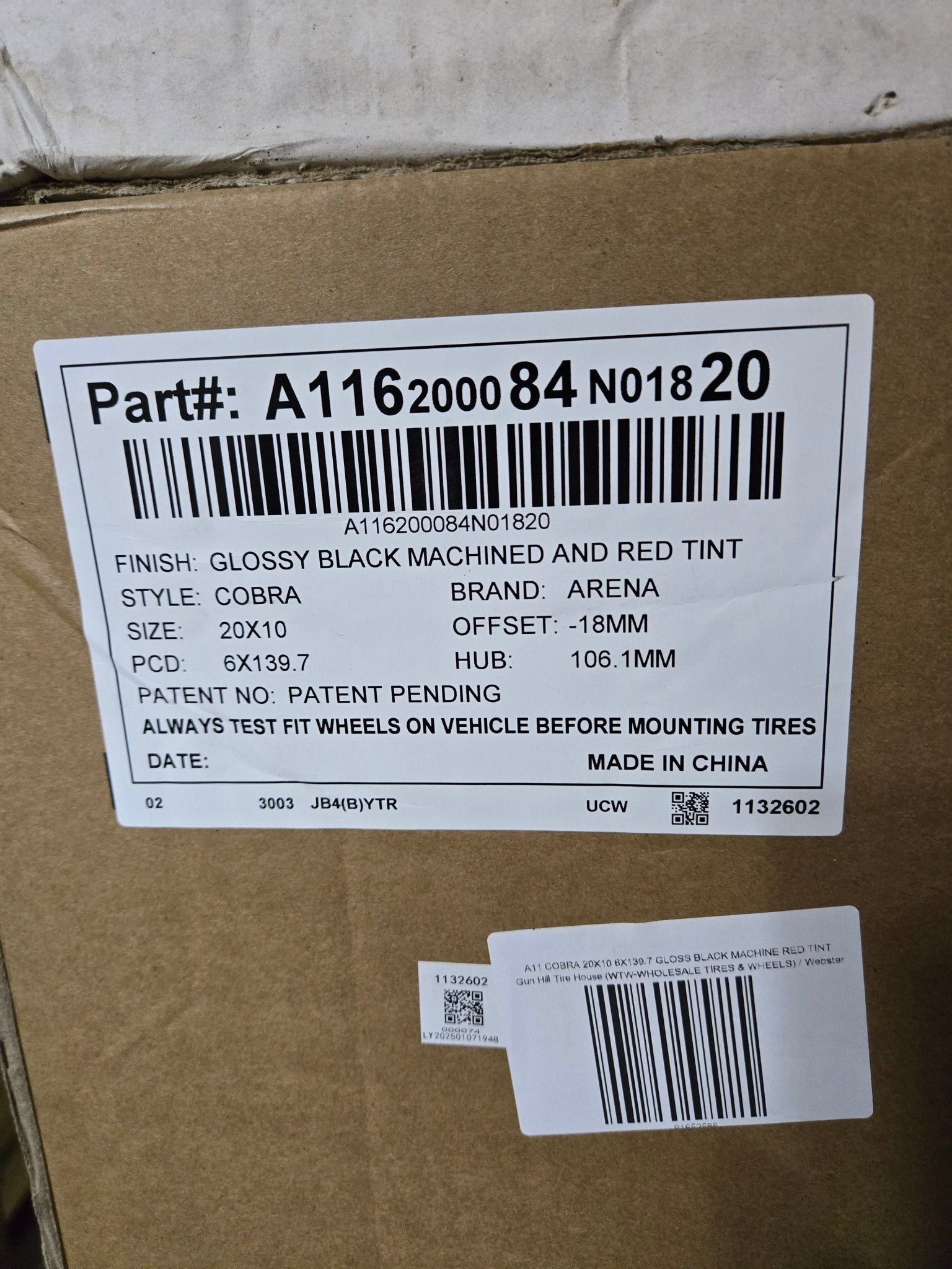 A116 ARENA COBRA 20X10 6X139.7 GLOSS BLACK MACHINE RED TINT - Gun Hill Tire House (WTW - WHOLESALE TIRES & WHEELS)