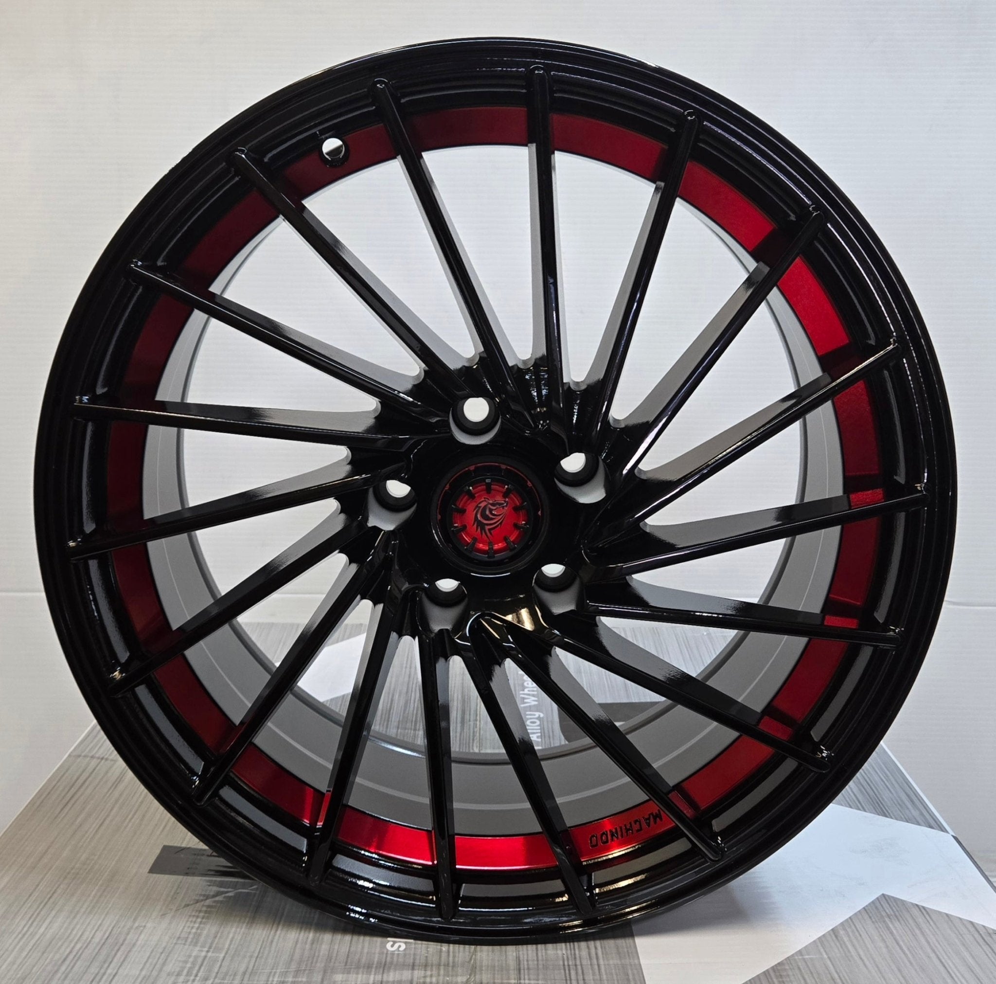 RD36 18x8.5 5x112 / 5x114.3 GLOSS BLACK WITH RED UNDER CUT - Gun Hill Tire House (WTW - WHOLESALE TIRES & WHEELS)