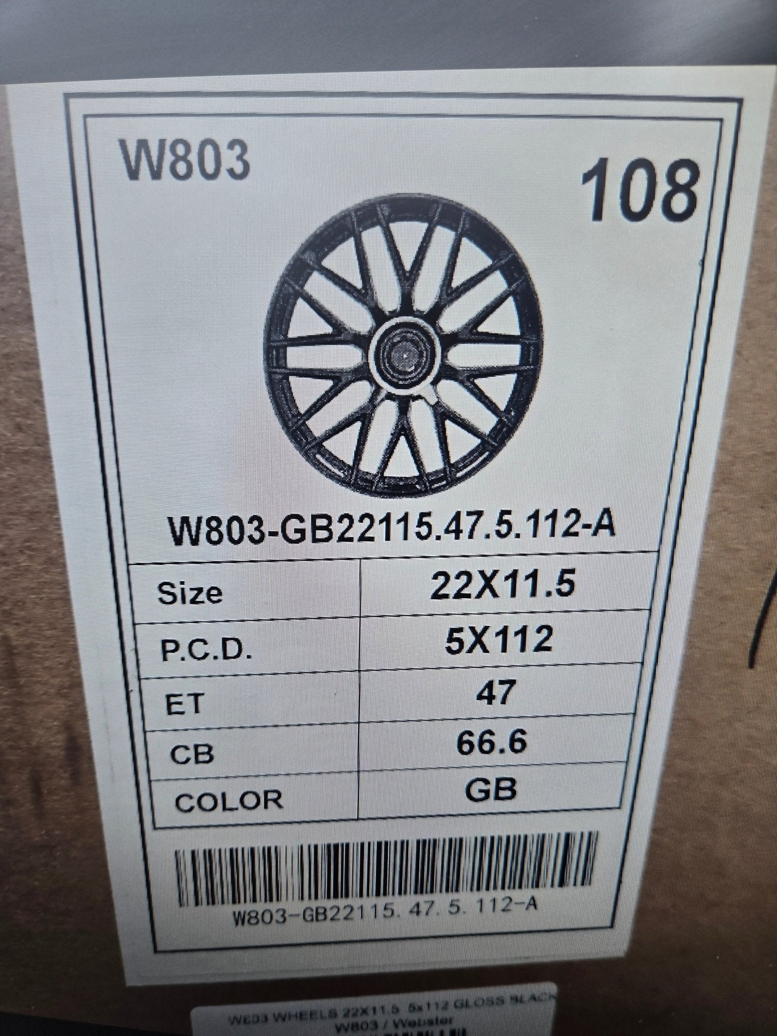 W803 22X11.5 5X112 ET47 GLOSS BLACK - Gun Hill Tire House (WTW - WHOLESALE TIRES & WHEELS)