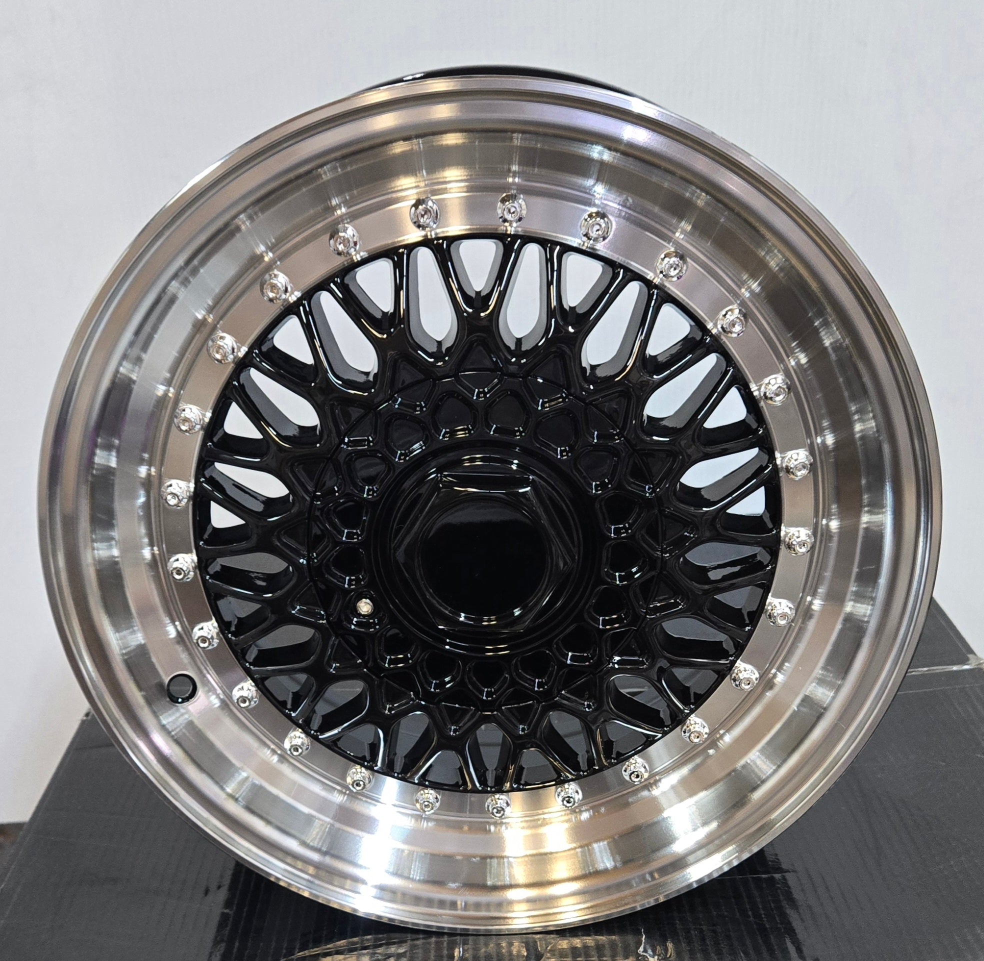 843 SUPER RS STYLE 15X7.0 4X100 4X114.3 PIANO BLACK MACHINED LIP - Gun Hill Tire House (WTW - WHOLESALE TIRES & WHEELS)