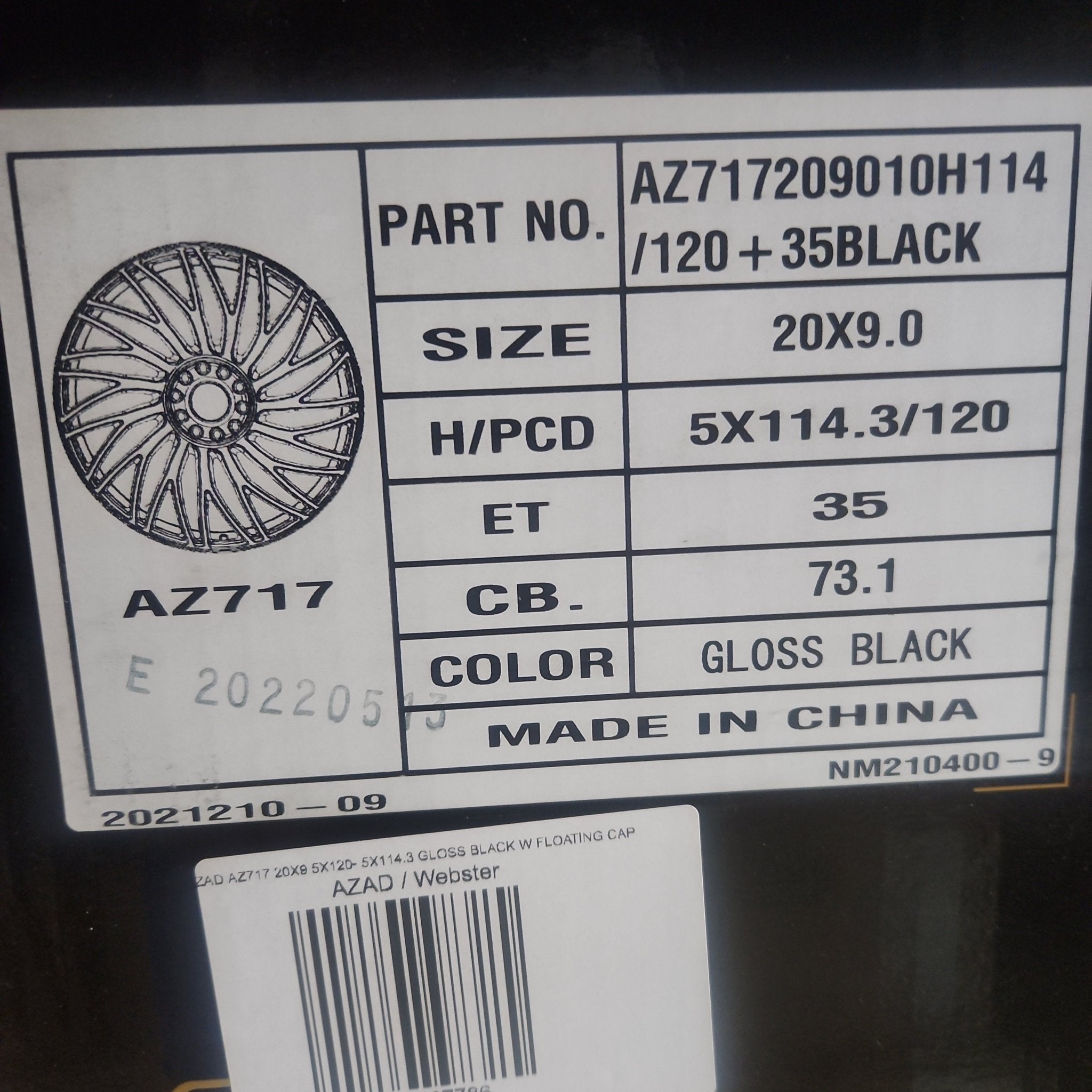 AZAD AZ717 20X9 5X120 - 5X114.3 GLOSS BLACK W FLOATING CAP - Gun Hill Tire House (WTW - WHOLESALE TIRES & WHEELS)