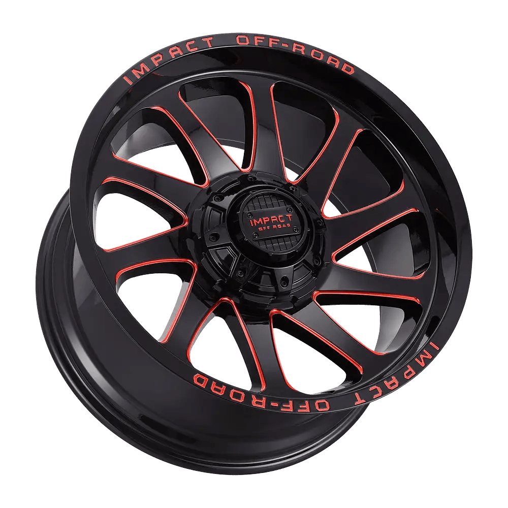 IMPACT OFF ROAD 825 20X10 6X135 - 6X5.5 PIANO BLACK WITH RED MILLING WINDOWS - Gun Hill Tire House (WTW - WHOLESALE TIRES & WHEELS)