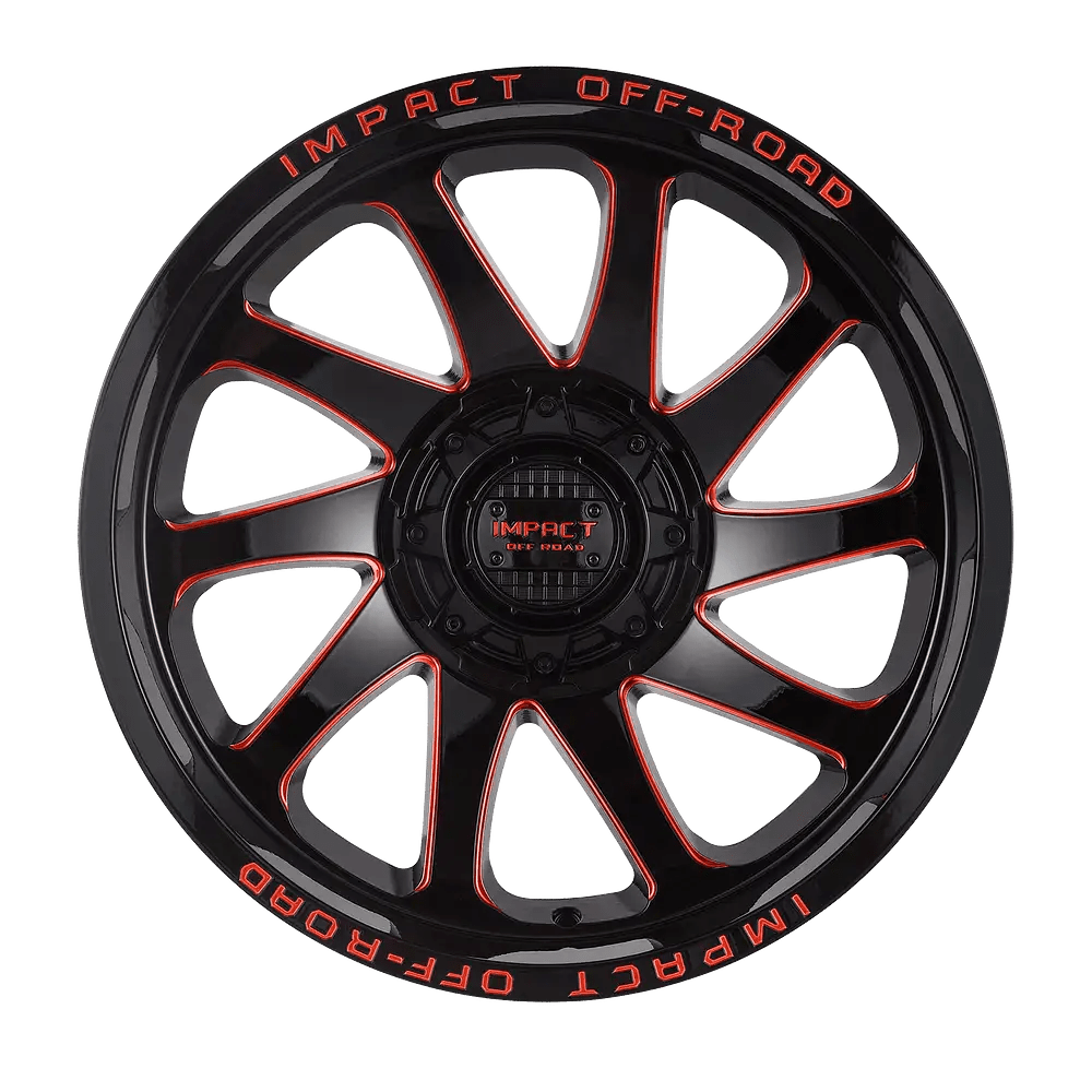 IMPACT OFF ROAD 825 20X10 6X135 - 6X5.5 PIANO BLACK WITH RED MILLING WINDOWS - Gun Hill Tire House (WTW - WHOLESALE TIRES & WHEELS)